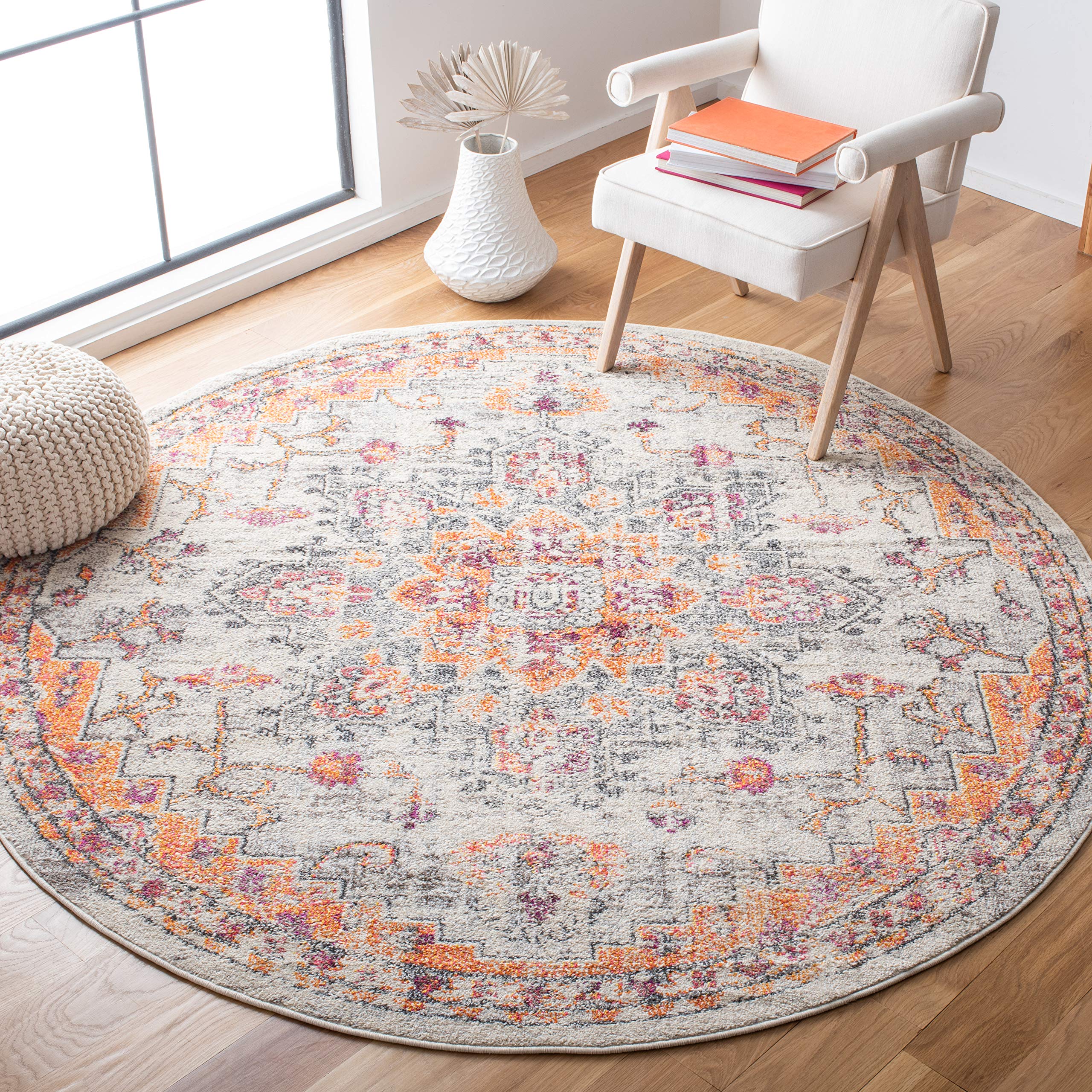 SAFAVIEH Madison Collection Area Rug - 8 Round, Beige & Orange, Boho Chic Medallion Distressed Design, Non-Shedding & Easy Care