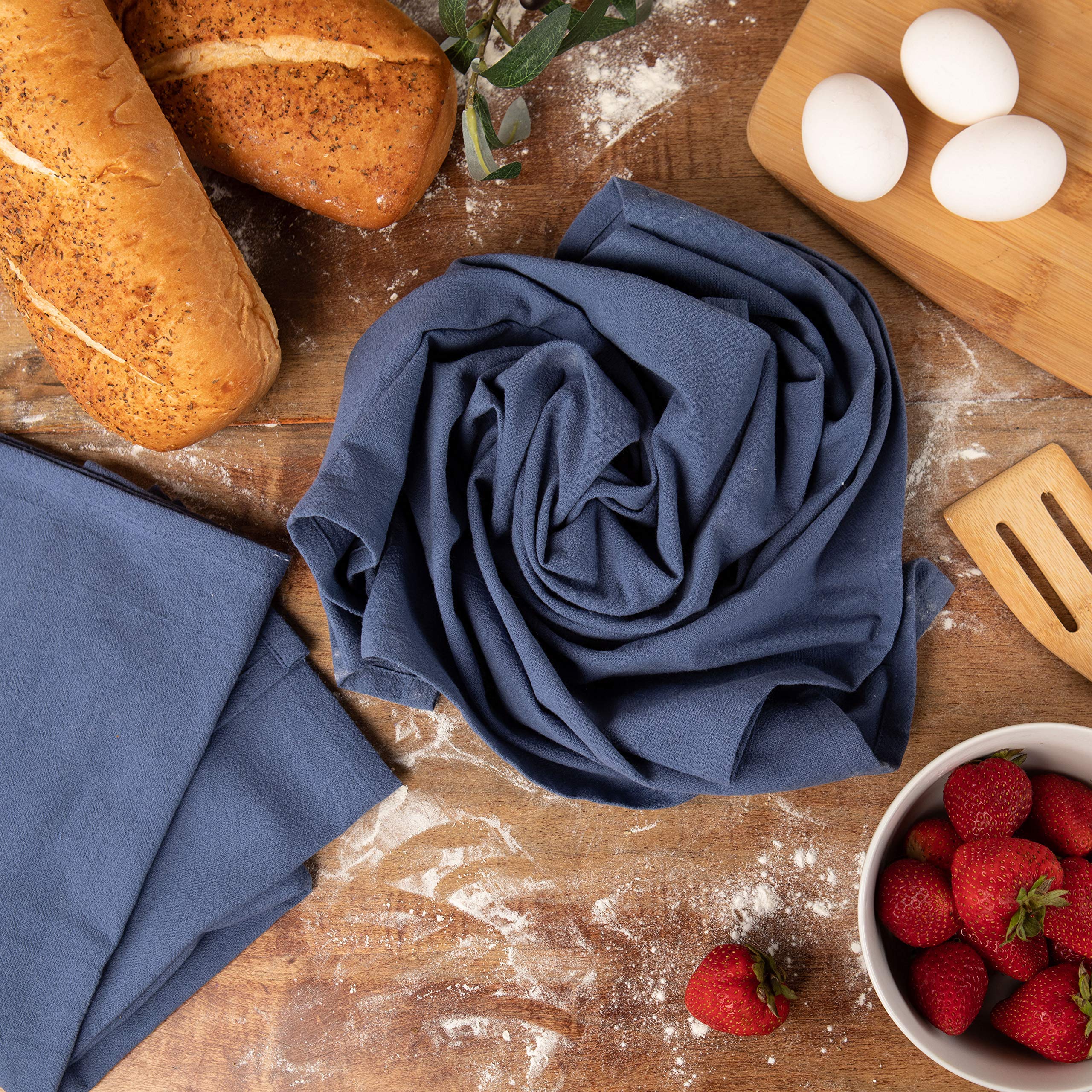 Sticky Toffee Flour Sack Kitchen Towels 100% Cotton Blue, Set Of 6, Crinkle Finish Tea Towels, Low Lint And Absorbent Dish Towel