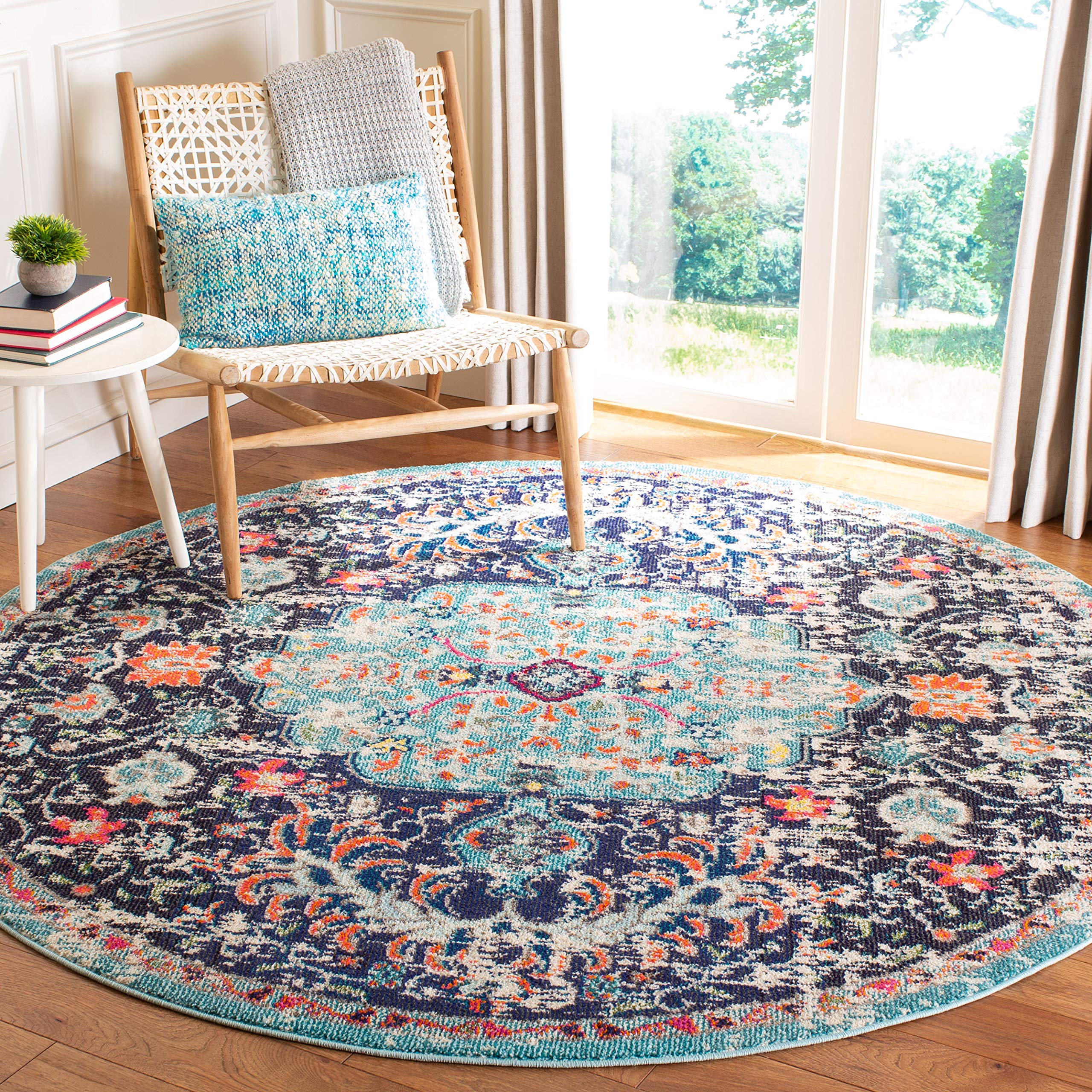 SAFAVIEH Madison Collection 3 Round Black / Teal MAD447Z Boho Chic Medallion Distressed Non-Shedding Dining Room Entryway Foyer