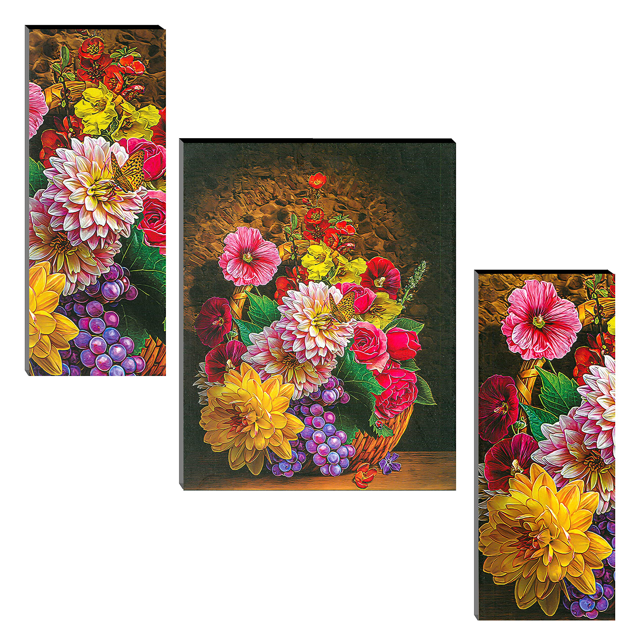 Indianara Set Of 3 Colourful Flowers Mdf Art Painting (3058Fl) Without Glass 4.5 X 12, 9 X 12, 4.5 X 12 Inch