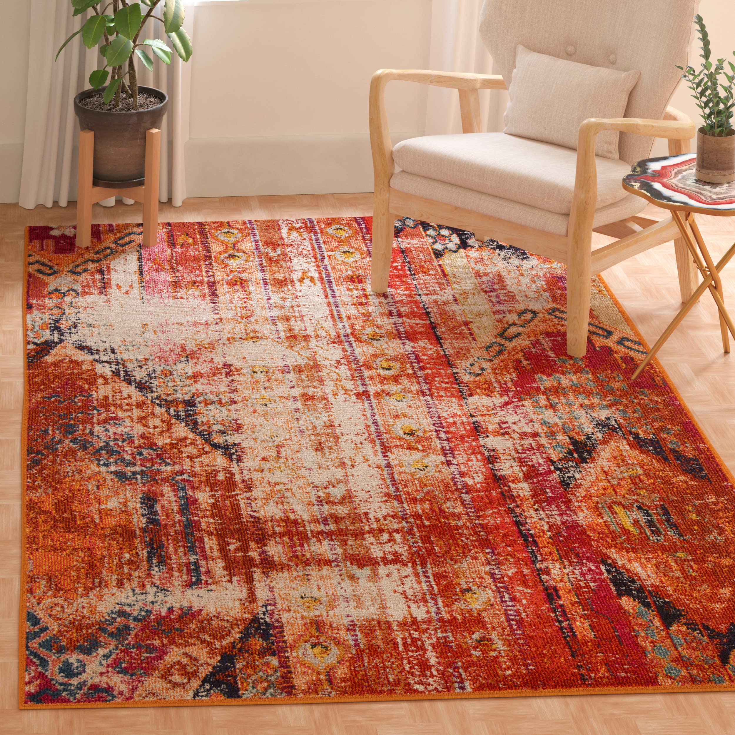 SAFAVIEH Monaco Collection Accent Rug - 4 x 57, Orange & Multi, Tribal Distressed Design, Non-Shedding & Easy Care, Ideal for 