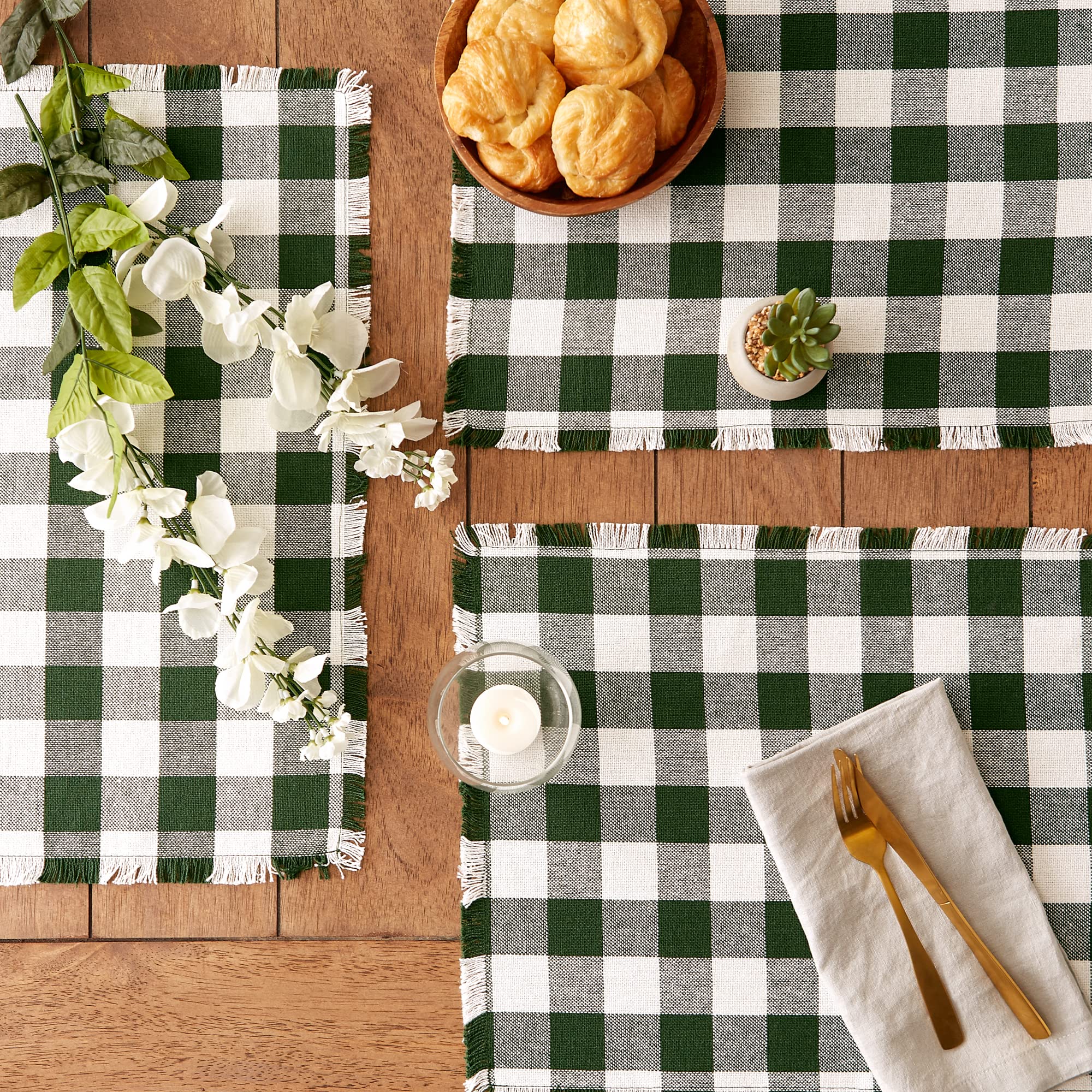 DII Heavyweight Fringed Check Tabletop Collection  Placemat Set  13x19  Hunter Green  6 Piece