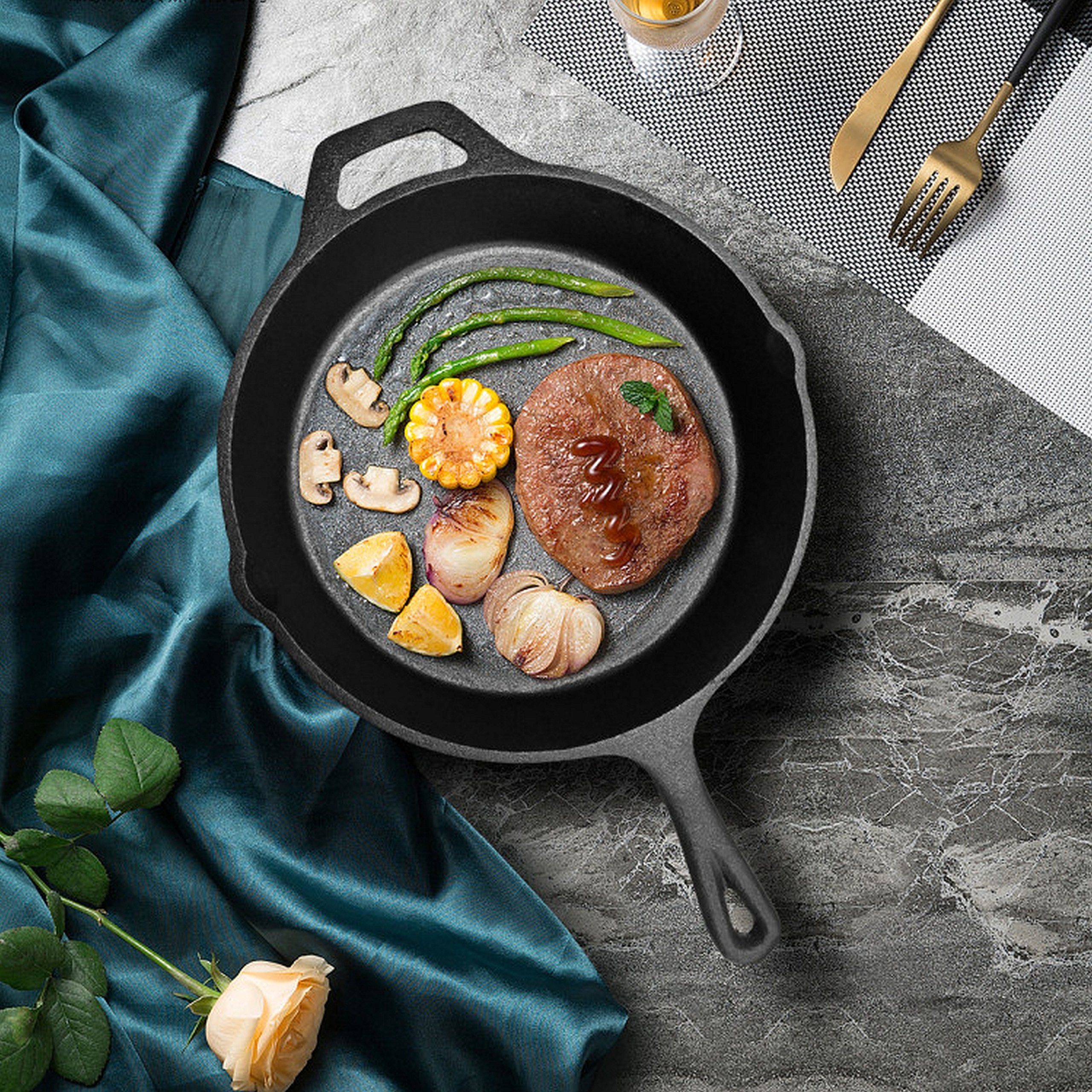 Elegant Kitchen Pre-Seasoned Cast Iron Skillet | Indoor And Outdoor Use | Grill, Stove-Top, Induction Safe (12.5 Inch)