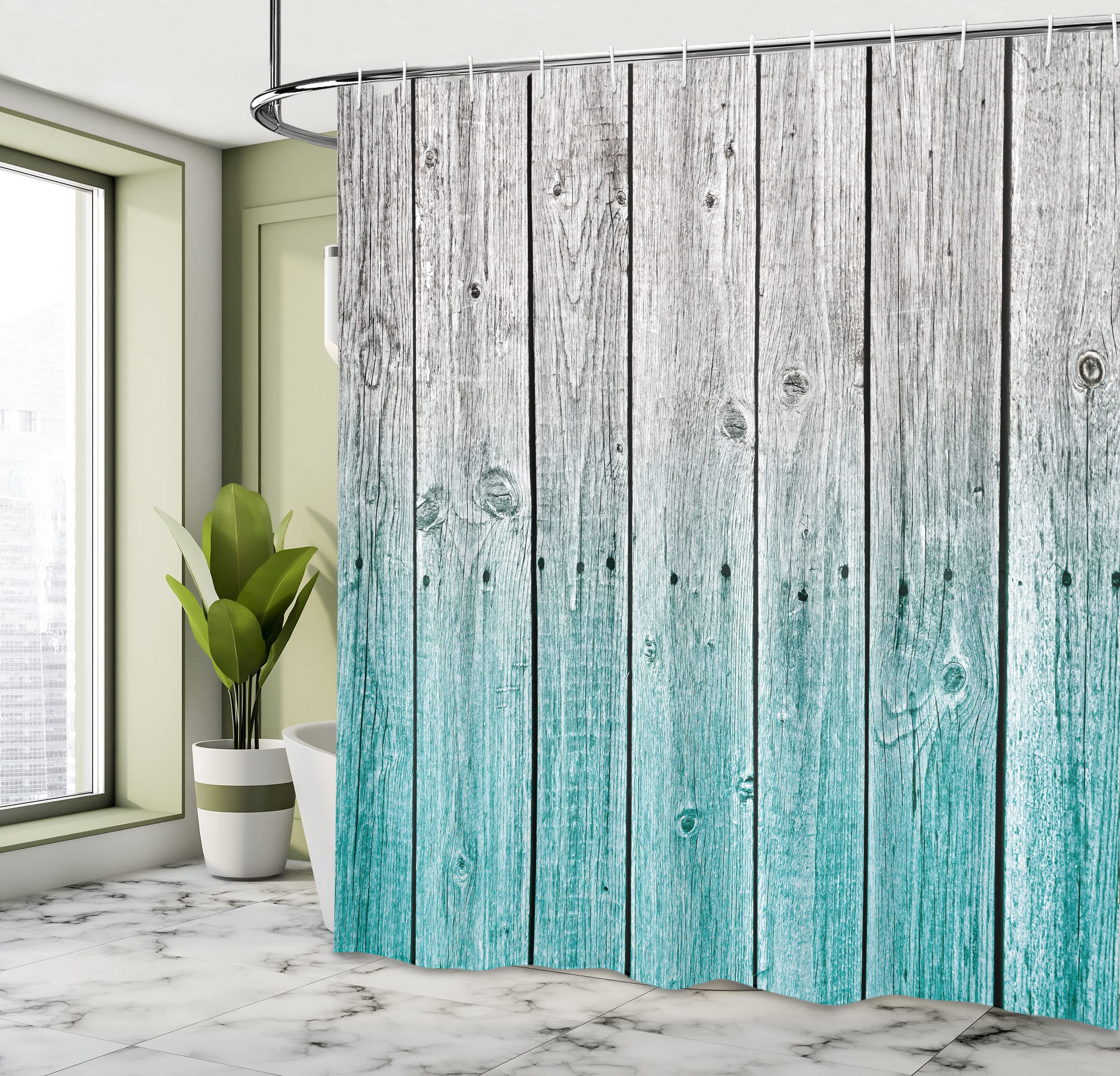 Ambesonne Rustic Shower Curtain, Powder Room Decorations Wood Panels Background With Digital Tones Effect Country House Image, C