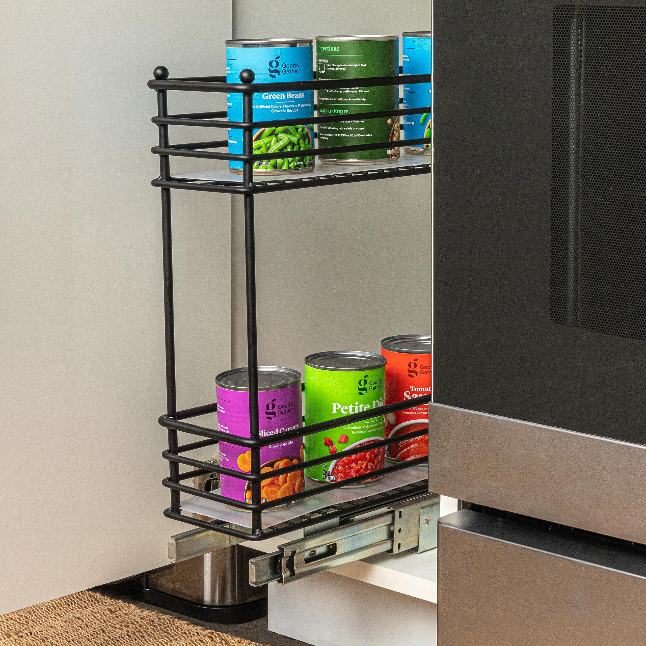 Household Essentials Narrow Sliding Cabinet Organizer, Two Tier Organizer, Matte Black, Great For Slim Cabinets In Kitchen, Bath