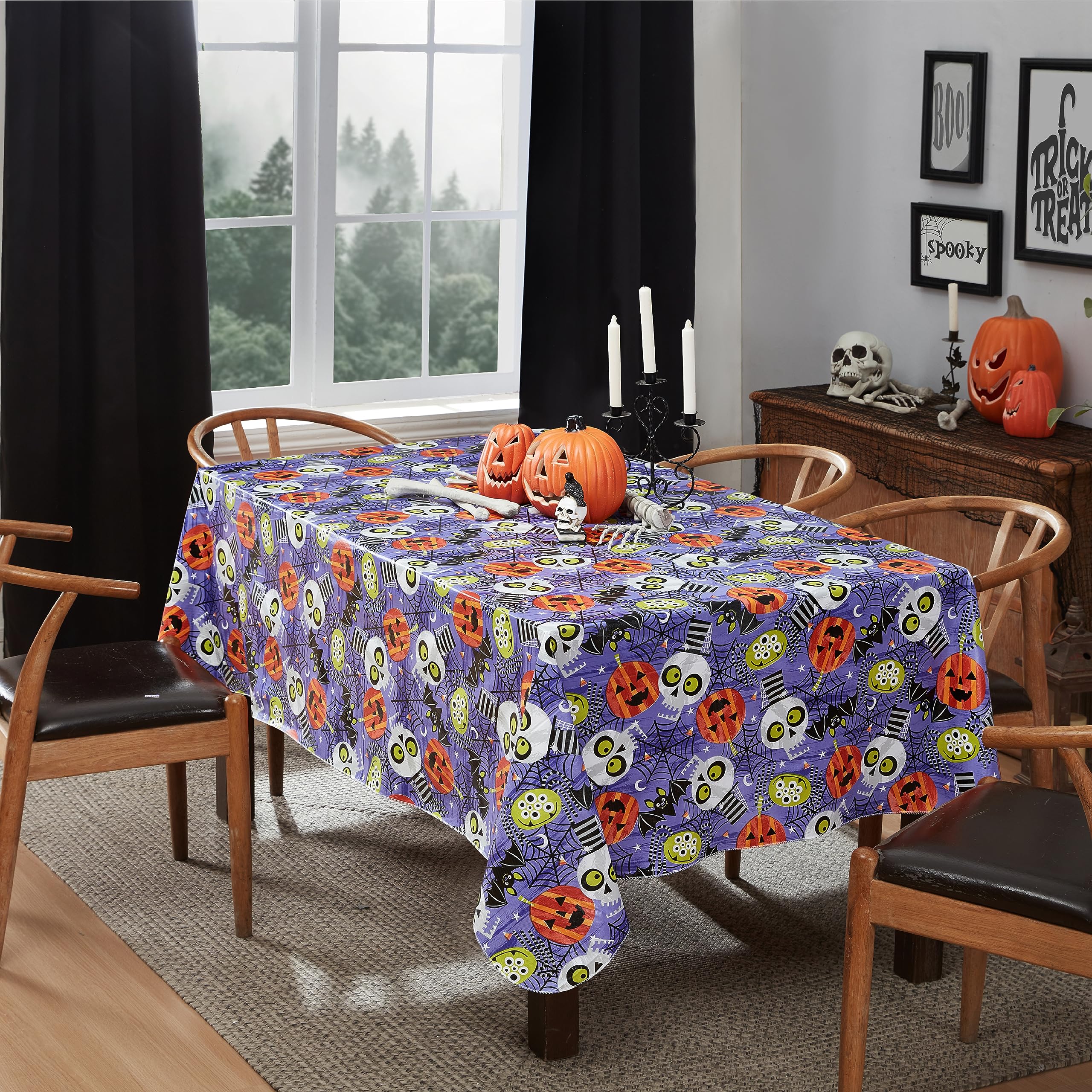 Newbridge Halloween Whimsical Ghoulish Gang 60 X 120 Inch Rectangle Vinyl Flannel Backed Tablecloth, Spooky Skulls, Bats And Pum