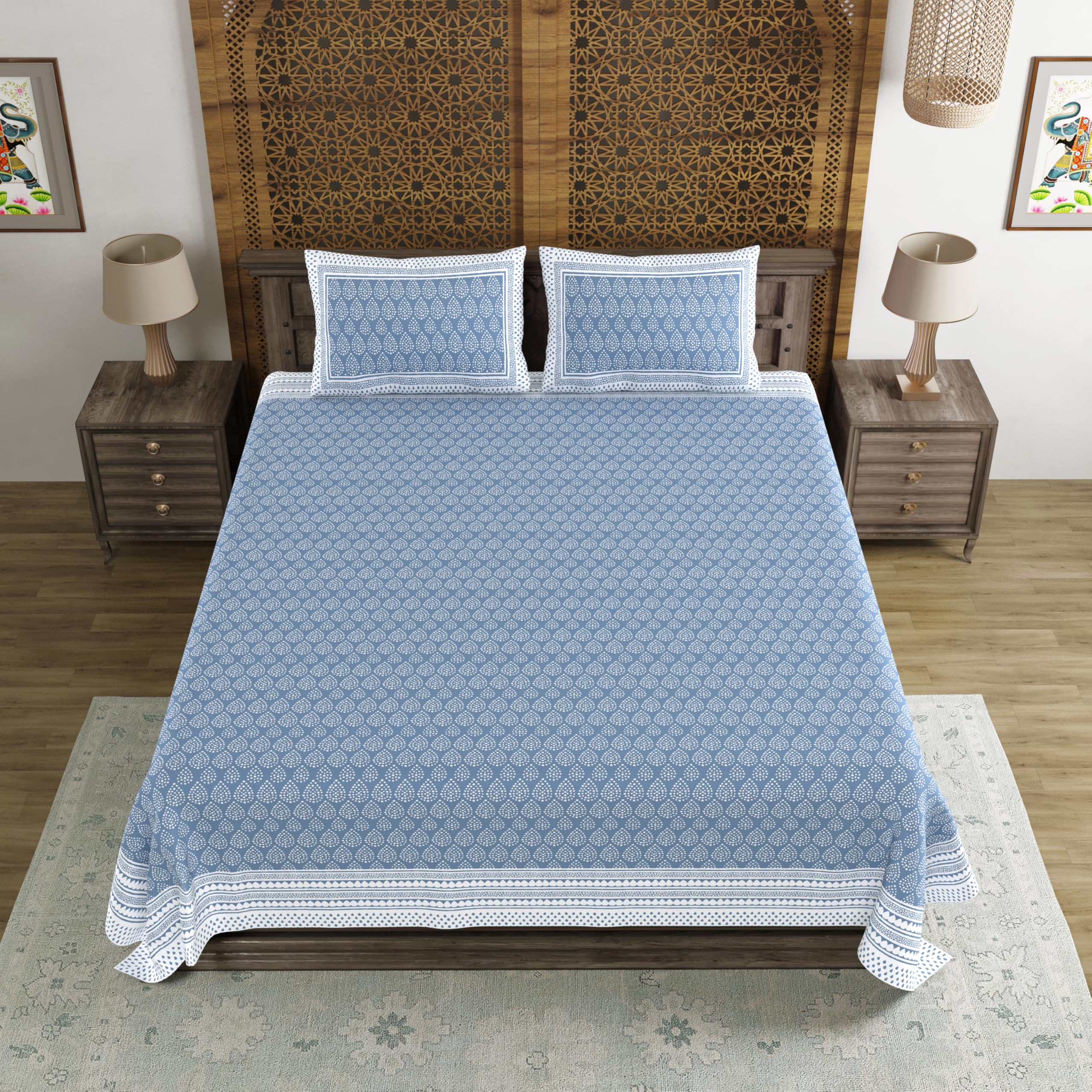 Blocks Of India Hand Block Printed 200 Tc Cotton Super King Size Bedsheet (Blue Dot)