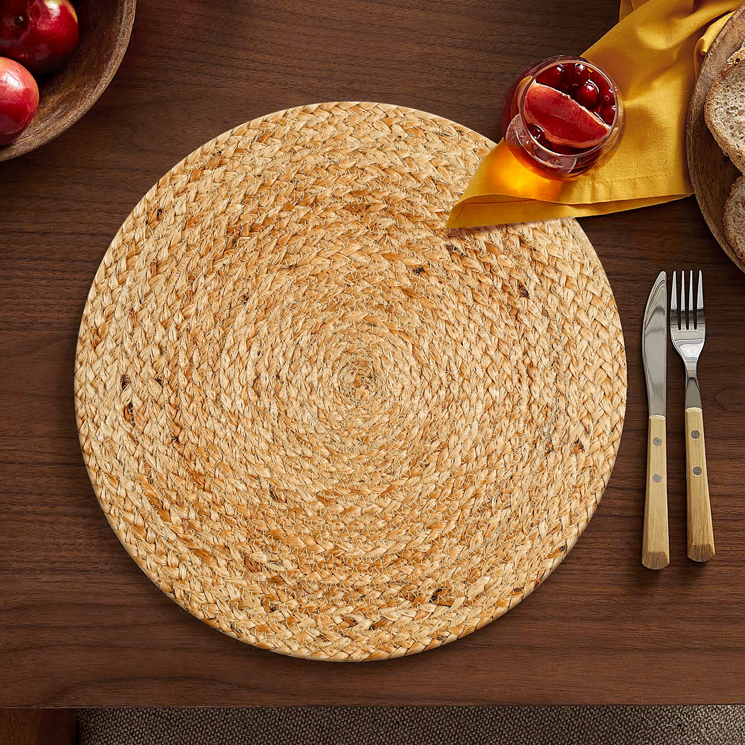 Hausattire Jute Braided Placemats 14 Inches Round Set Of 4 Reversible Handwoven Boho Vintage Placemats For Kitchen Dining Tables