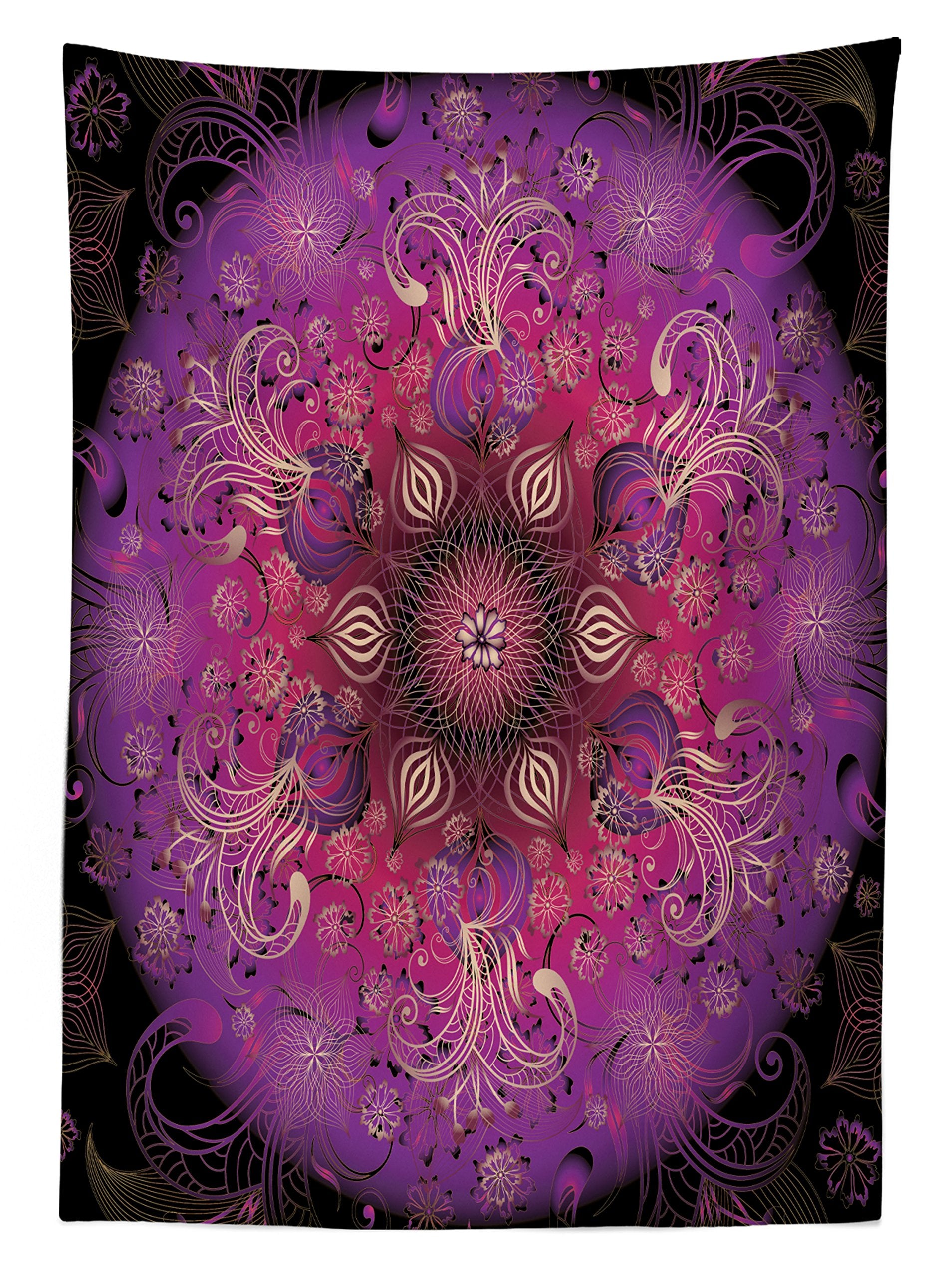 Ambesonne Purple Tablecloth, Eastern Style Round Floral Frame With Vivid Moving Branches Bohemian Art Style, Rectangular Table C