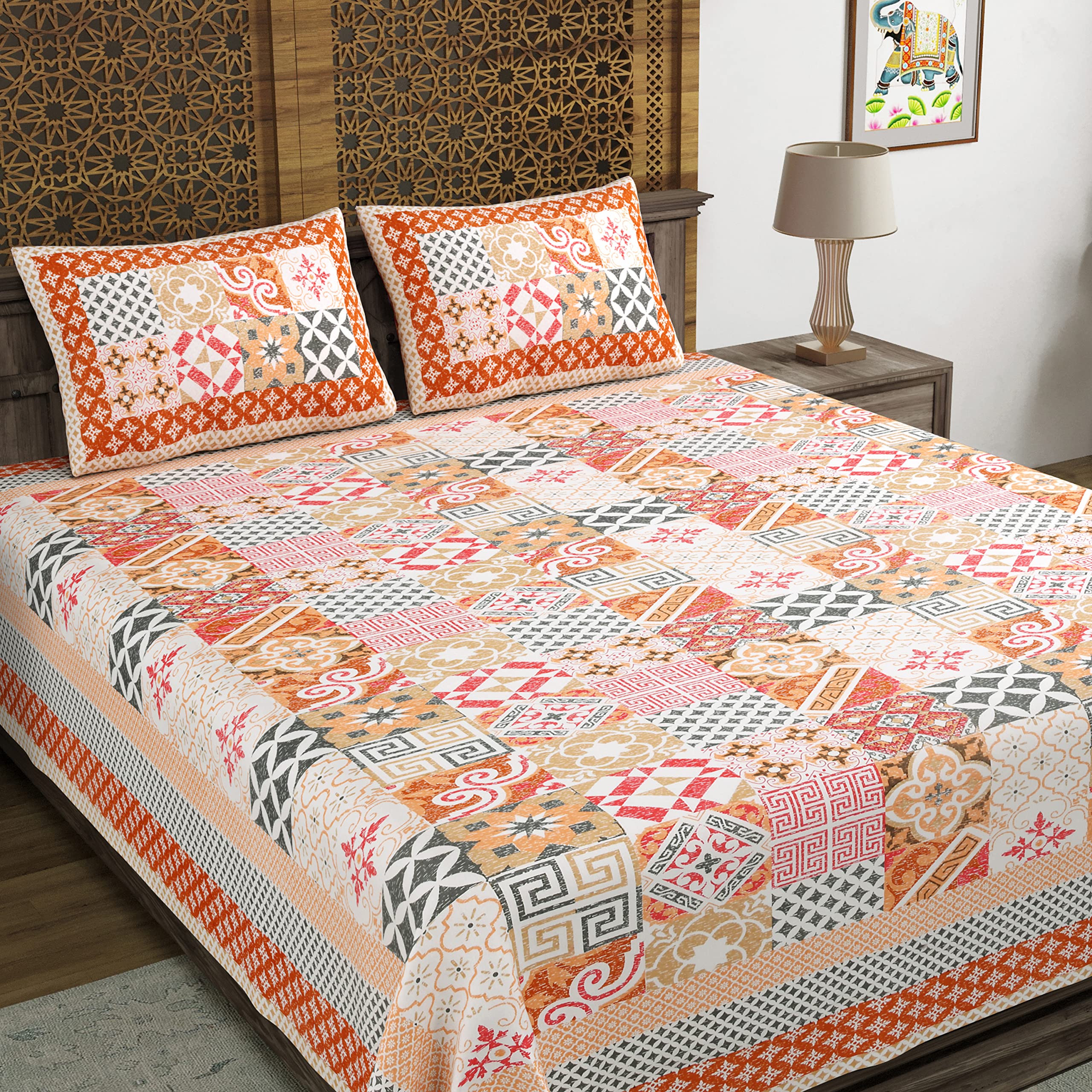 Blocks Of India Hand Block Printed 200 Tc Cotton King Size Bedsheet (Orange Ikat)
