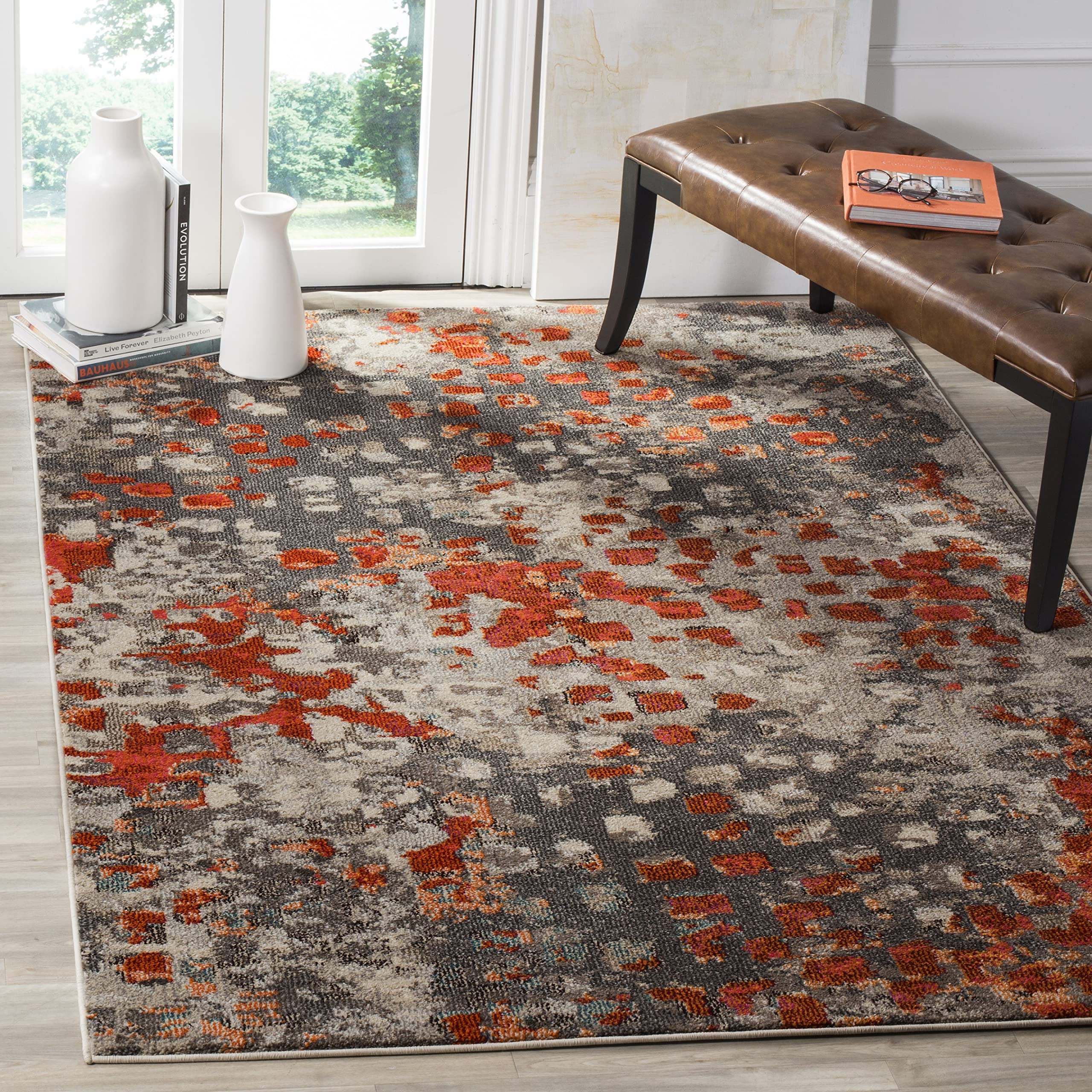 SAFAVIEH Monaco Collection Accent Rug - 4 x 57, Grey & Orange, Boho Abstract Watercolor Design, Non-Shedding & Easy Care, Idea