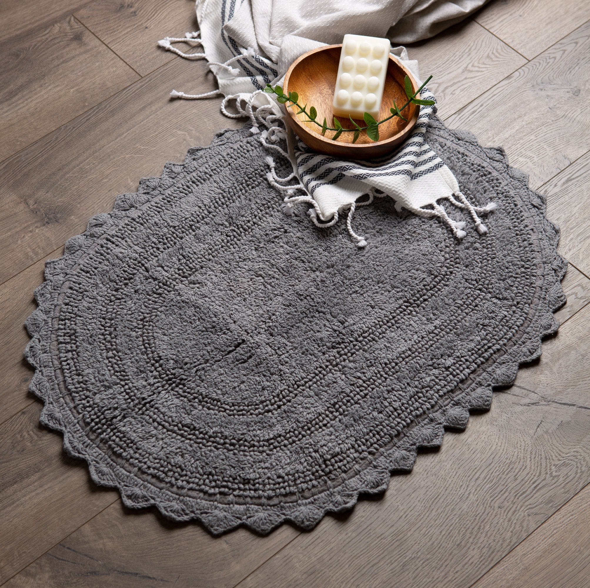DII Crochet Collection Reversible Bath Mat  Large Oval  21x34  Gray