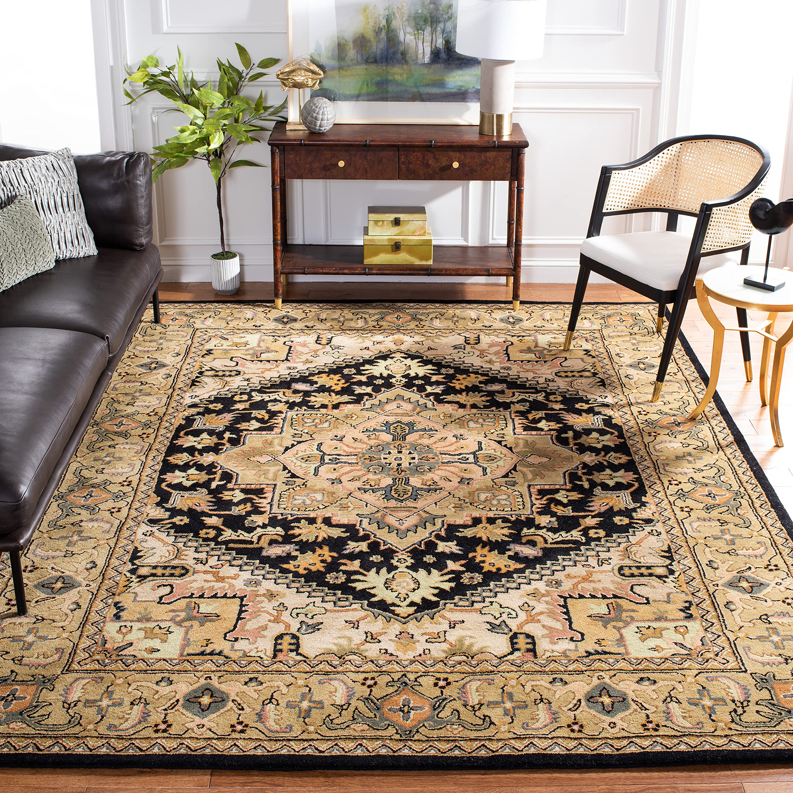 SAFAVIEH Heritage Collection Area Rug - 8 x 10, Black & Gold, Handmade Traditional Oriental Medallion Wool, Ideal for High Tra