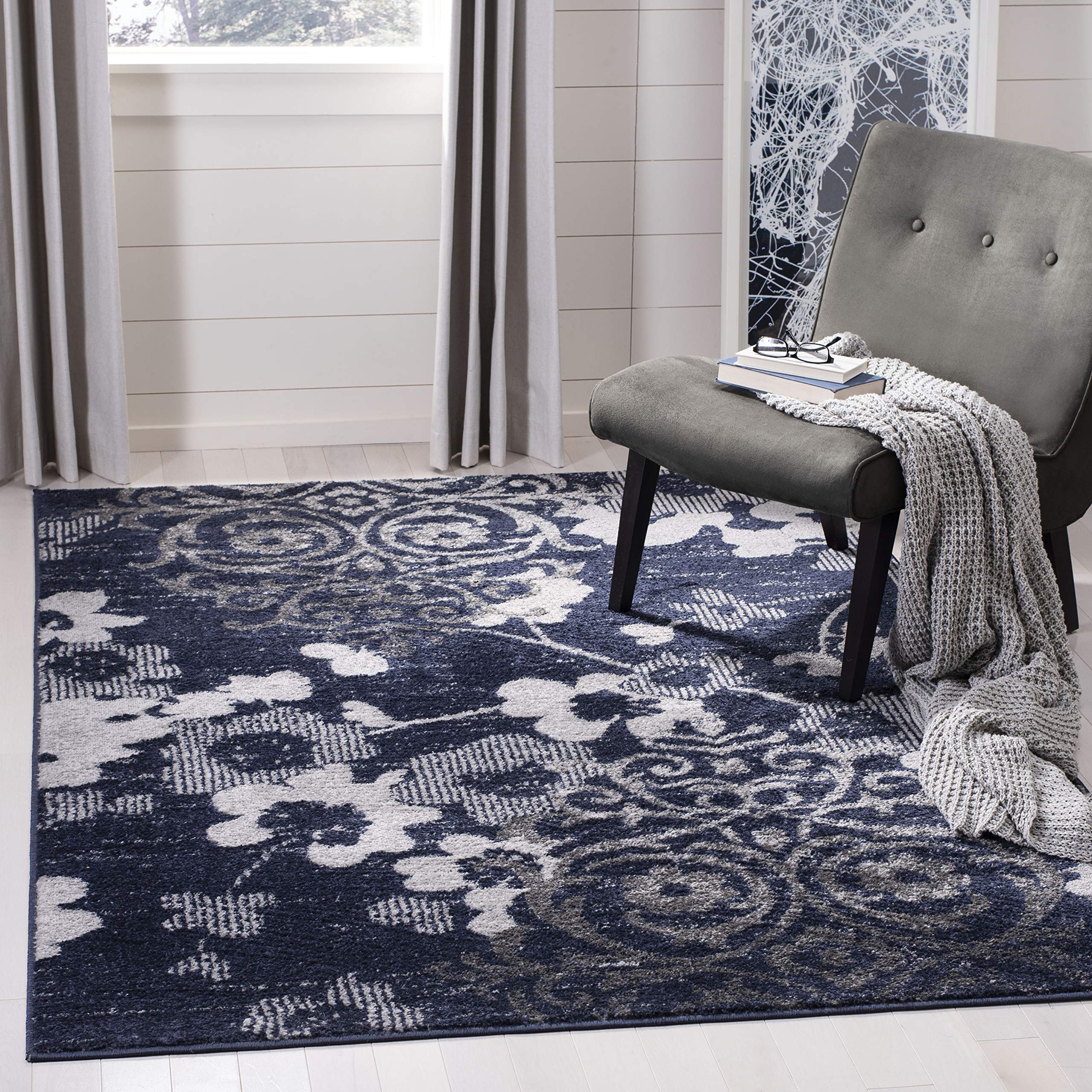 SAFAVIEH Adirondack Collection Accent Rug - 3 x 5, Navy & Silver, Floral Glam Distressed Design, Non-Shedding & Easy Care, Ide