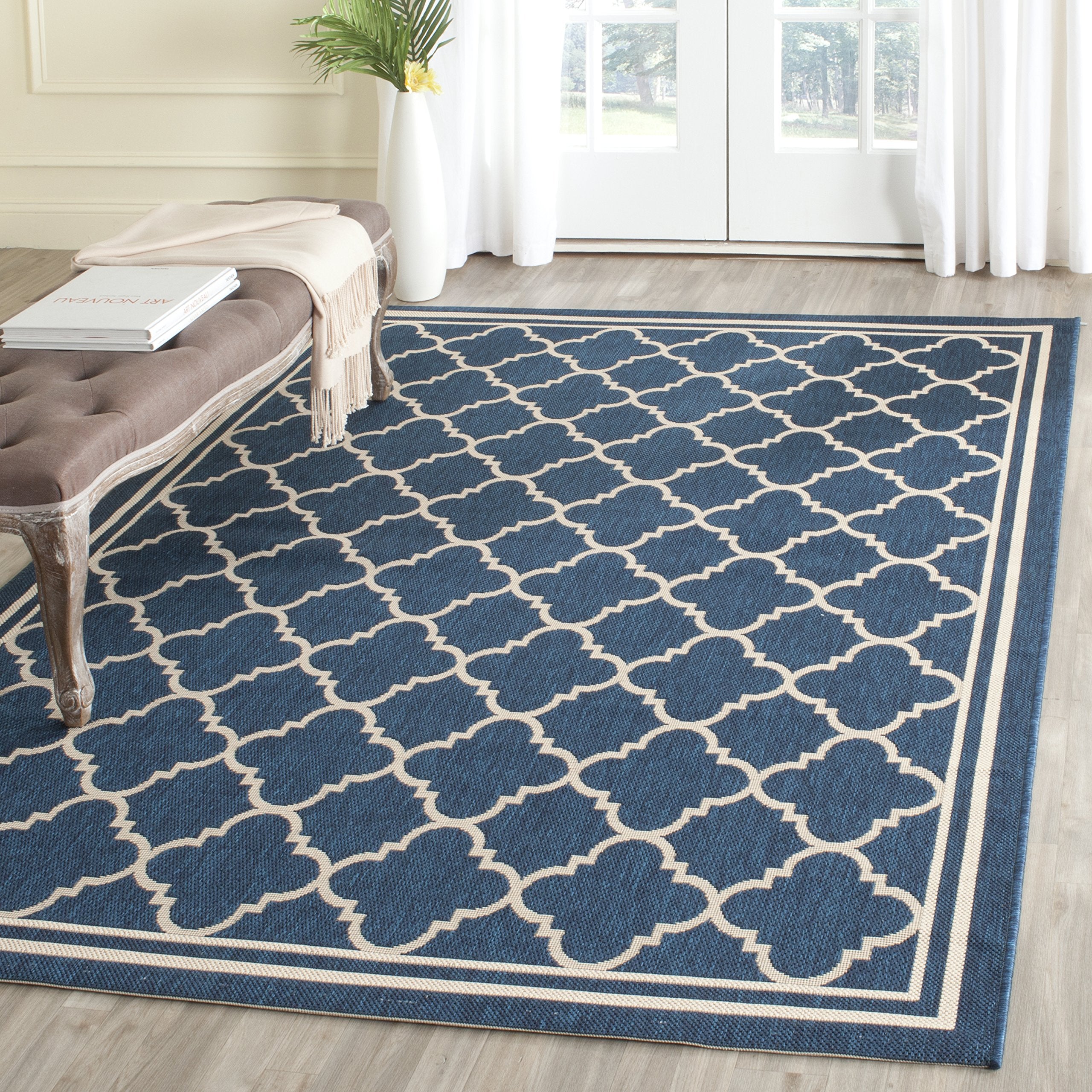 SAFAVIEH Courtyard Collection 53 Square Navy/Beige CY6918 Trellis Indoor/ Outdoor Waterproof Easy--Cleaning Patio Backyard Mudr