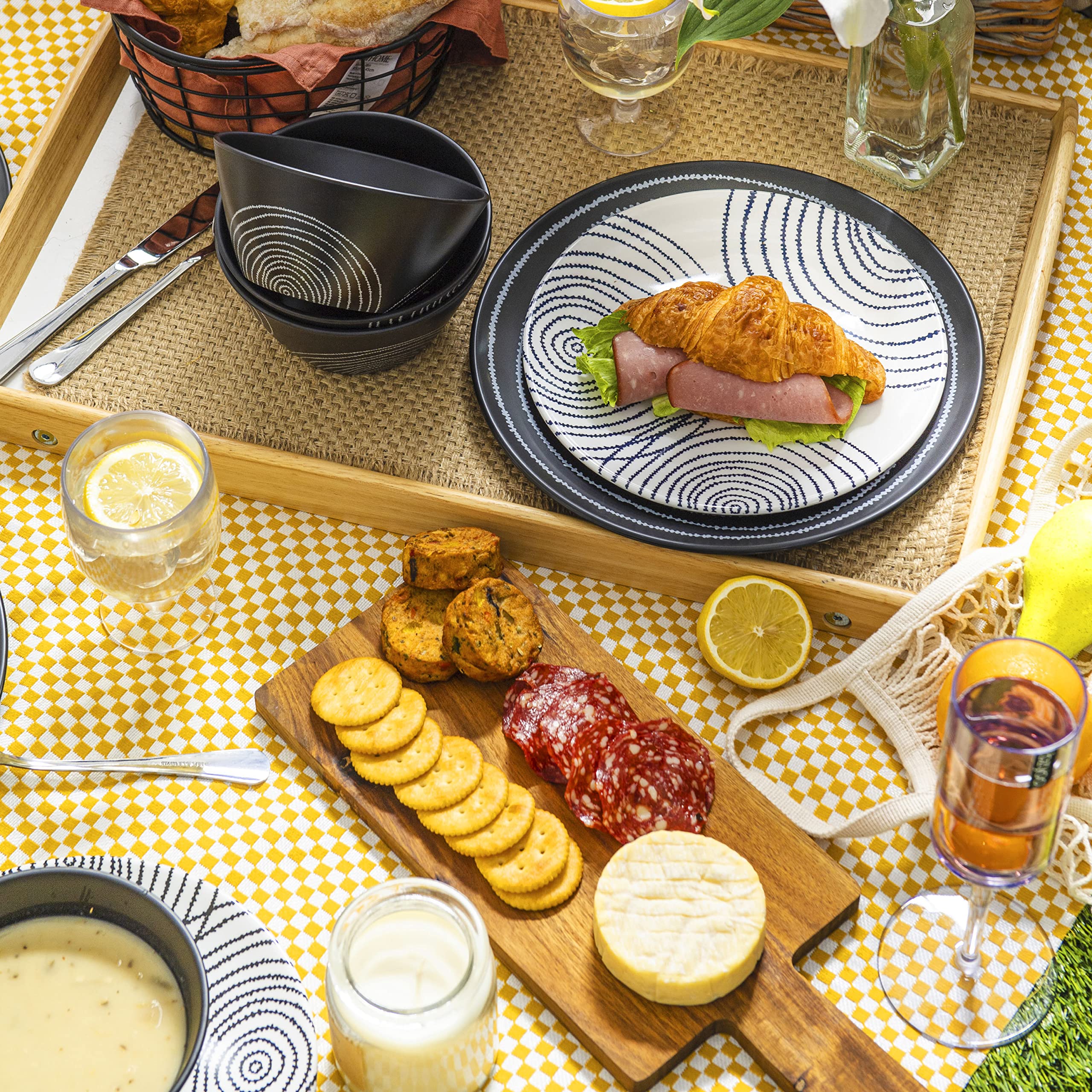 bzyoo 12 Piece Melamine Dinnerware Set - Durable, Dishwasher Safe Black Plates and Bowls - Dining, Parties, Camping Dish Set Bla