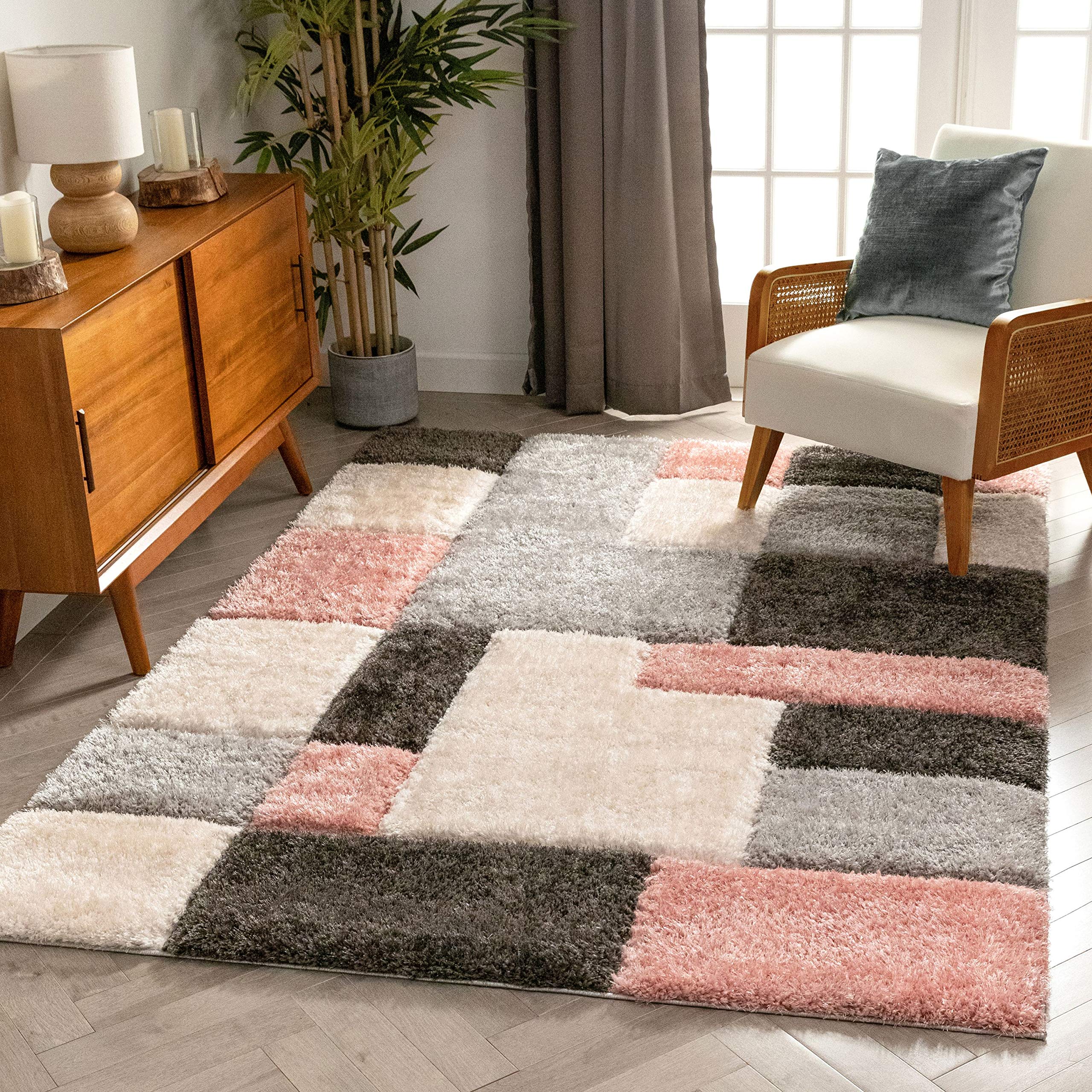 Well Woven Ella Pink Geometric Boxes Thick Soft Plush 3D Textured Shag Area Rug (53 x 73)