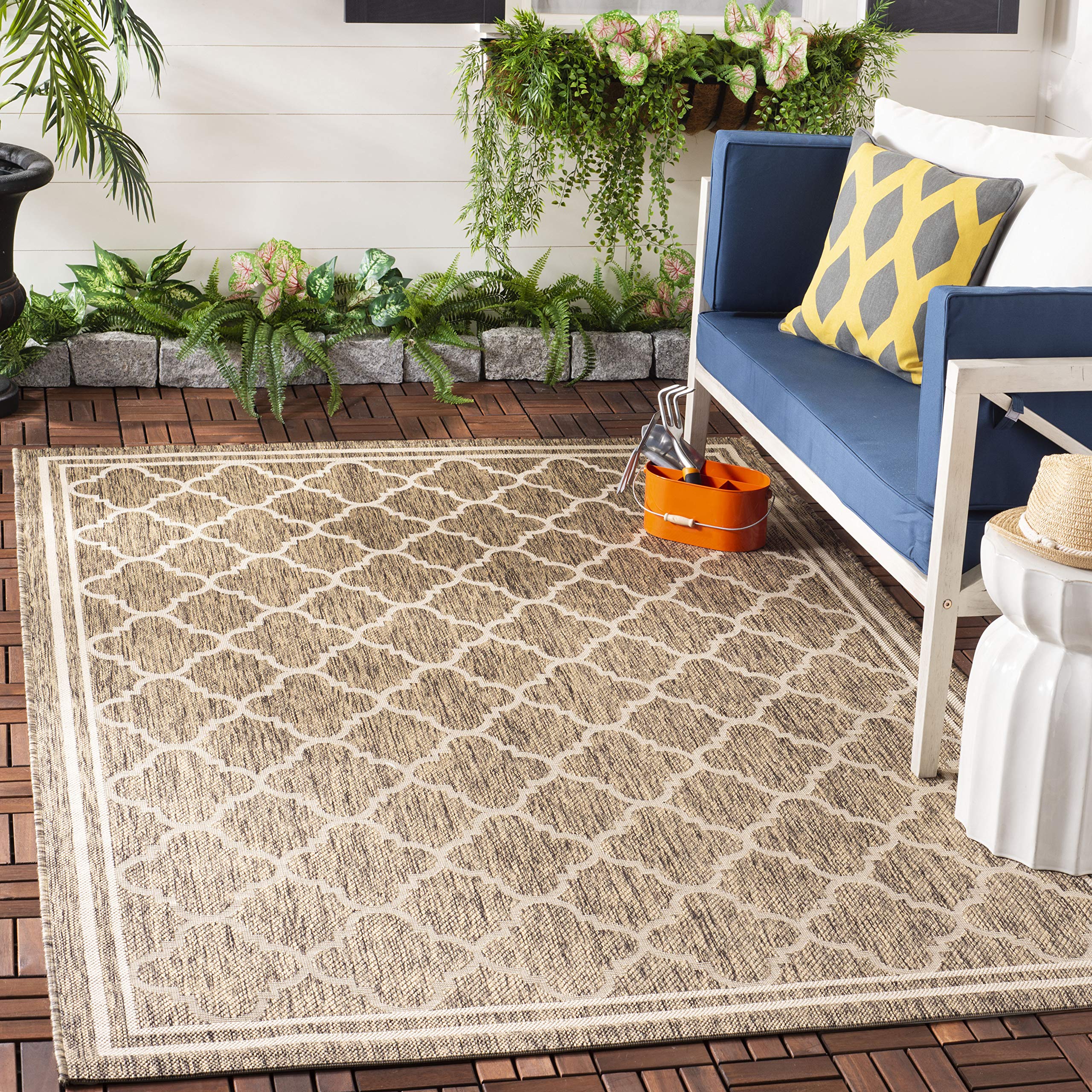 SAFAVIEH Courtyard Collection Area Rug - 53 Square, Brown & Bone, Trellis Design, Non-Shedding & Easy Care, Indoor/Outdoor & Wa