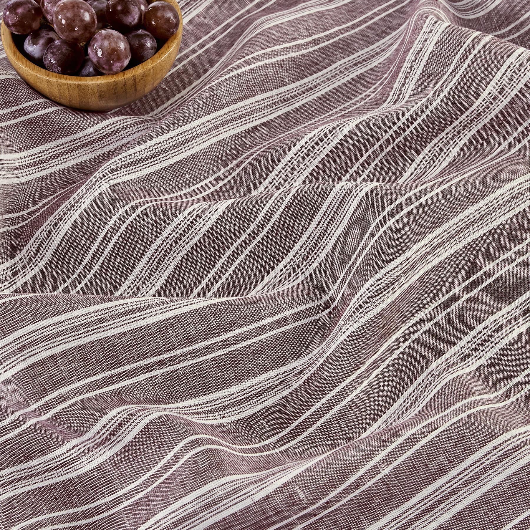 Solino Home Stripe Linen Tablecloth - 100% Pure Linen Burgundy And White Table Throw 52 X 52 Inch - Handcrafted And Machine Wash