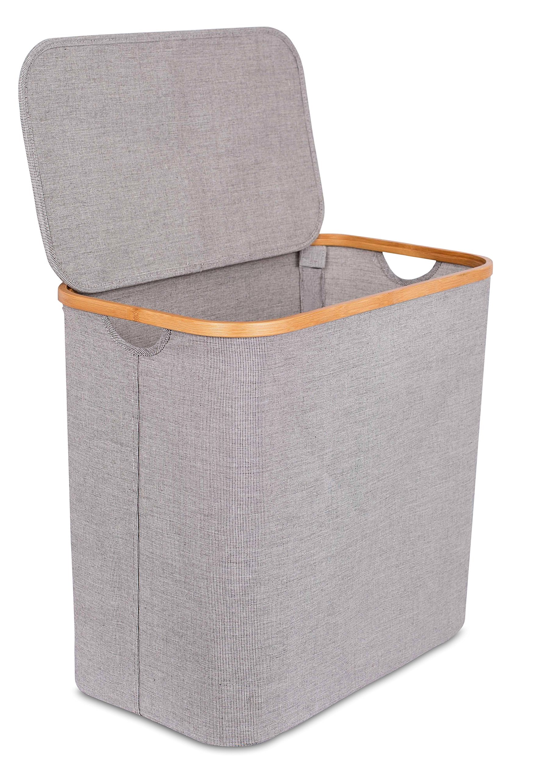 BIRDROCK HOME Bamboo & Canvas Hamper - Laundry Basket Organizer - Lightweight Foldable Clothing Bin with Lid - Modern Covered La