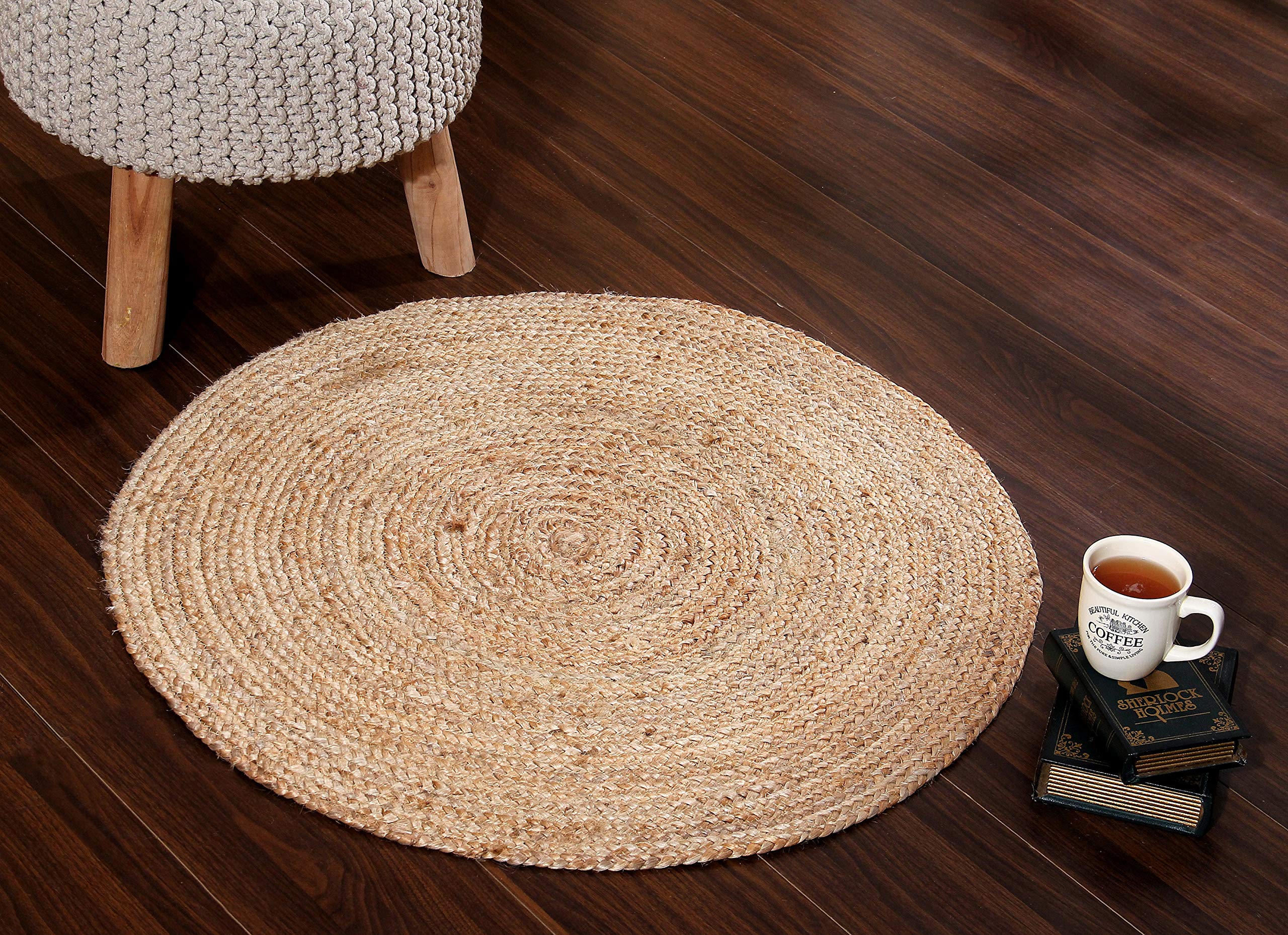 Sashaa World Jute Rugs Handcrafted,Woven & Reversible Design Jute & Cotton Braided Round Carpet Door Mats,Natural (90 Cm, Beige)