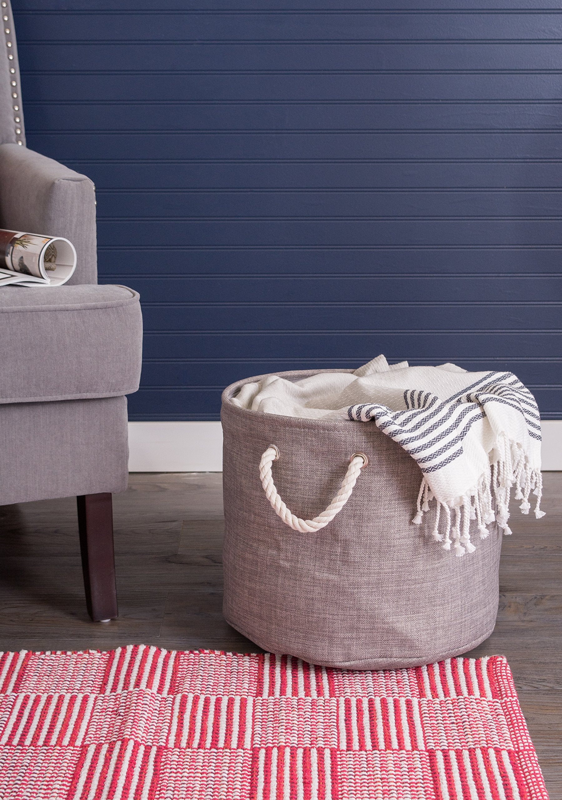DII  Collapsible Variegated Polyester Storage Bin with Cotton Handles Small Round Gray