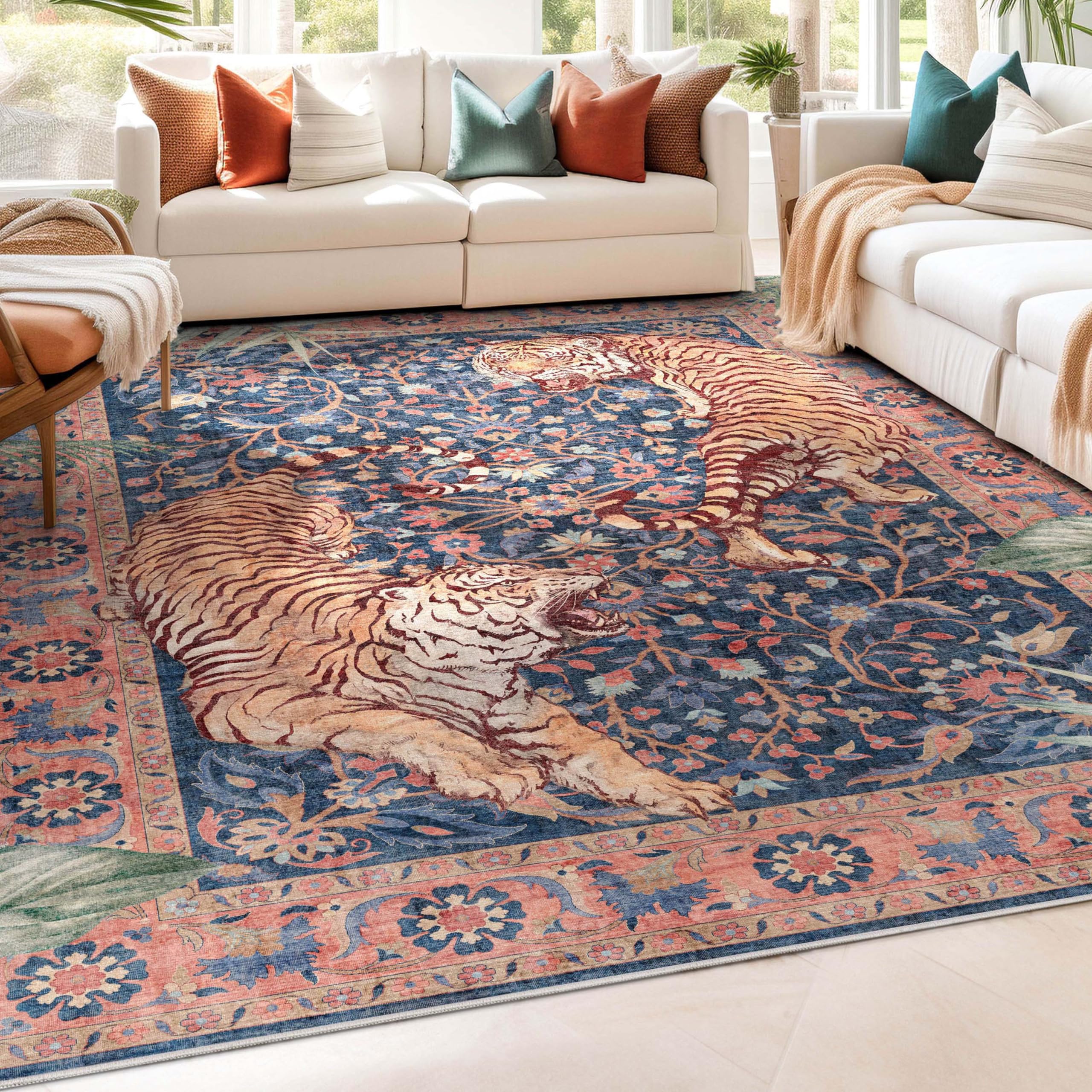 Well Woven Apollo Botanical Tiger Navy Washable Rug - Dining Room & Bedroom, 53 x 73, Durable