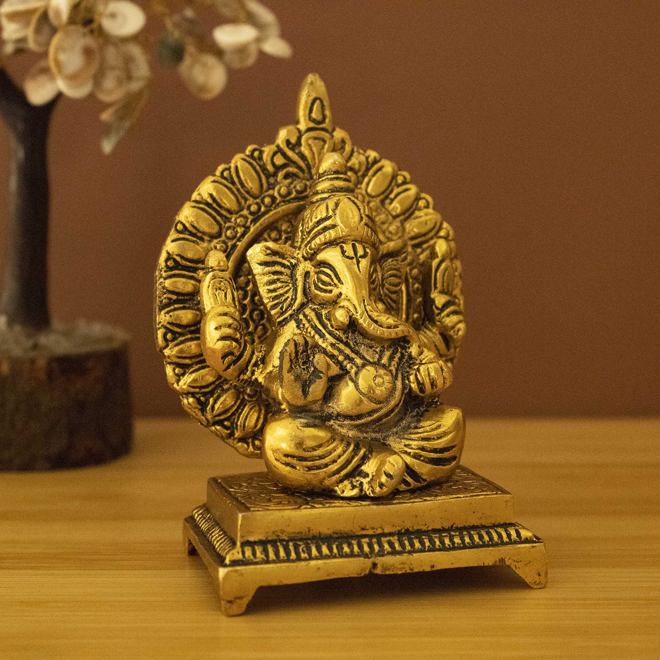 Spillbox Oxidised Gold Finished Sinhasan Ganesha Brass God Idol Statue Showpiece For Home Office Figurine Religious Pooja Gift L