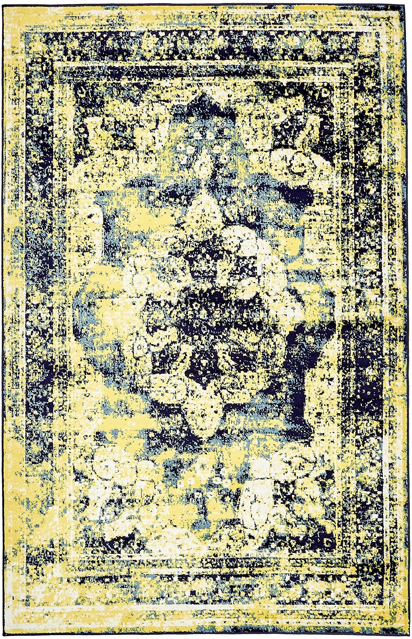 Unique Loom Sofia Collection Area Rug - Salle Garnier (5 3 x 8 Rectangle, Navy Blue/ Yellow)
