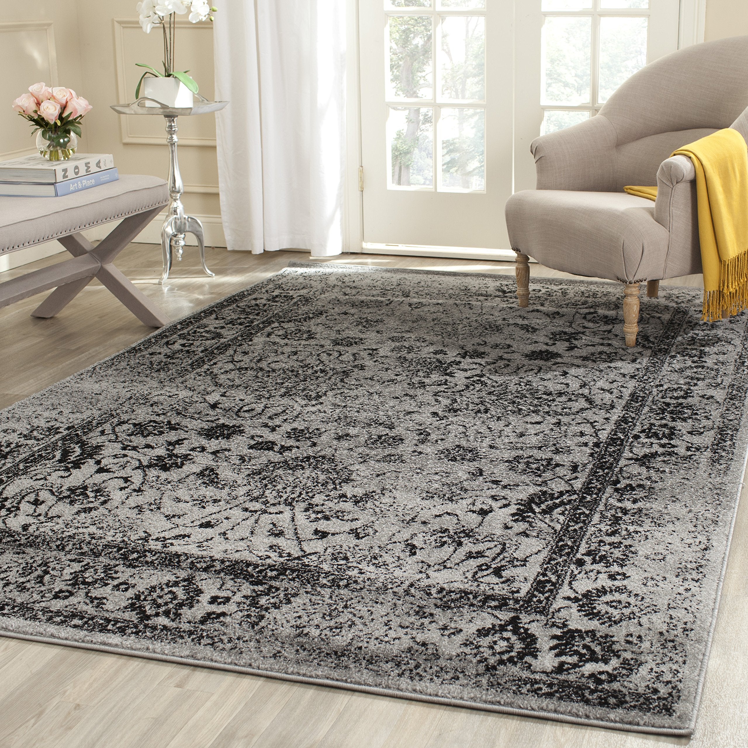 SAFAVIEH Adirondack Collection Area Rug - 10 Square, Black & Teal, Oriental Distressed Design, Non-Shedding & Easy Care, Ideal 