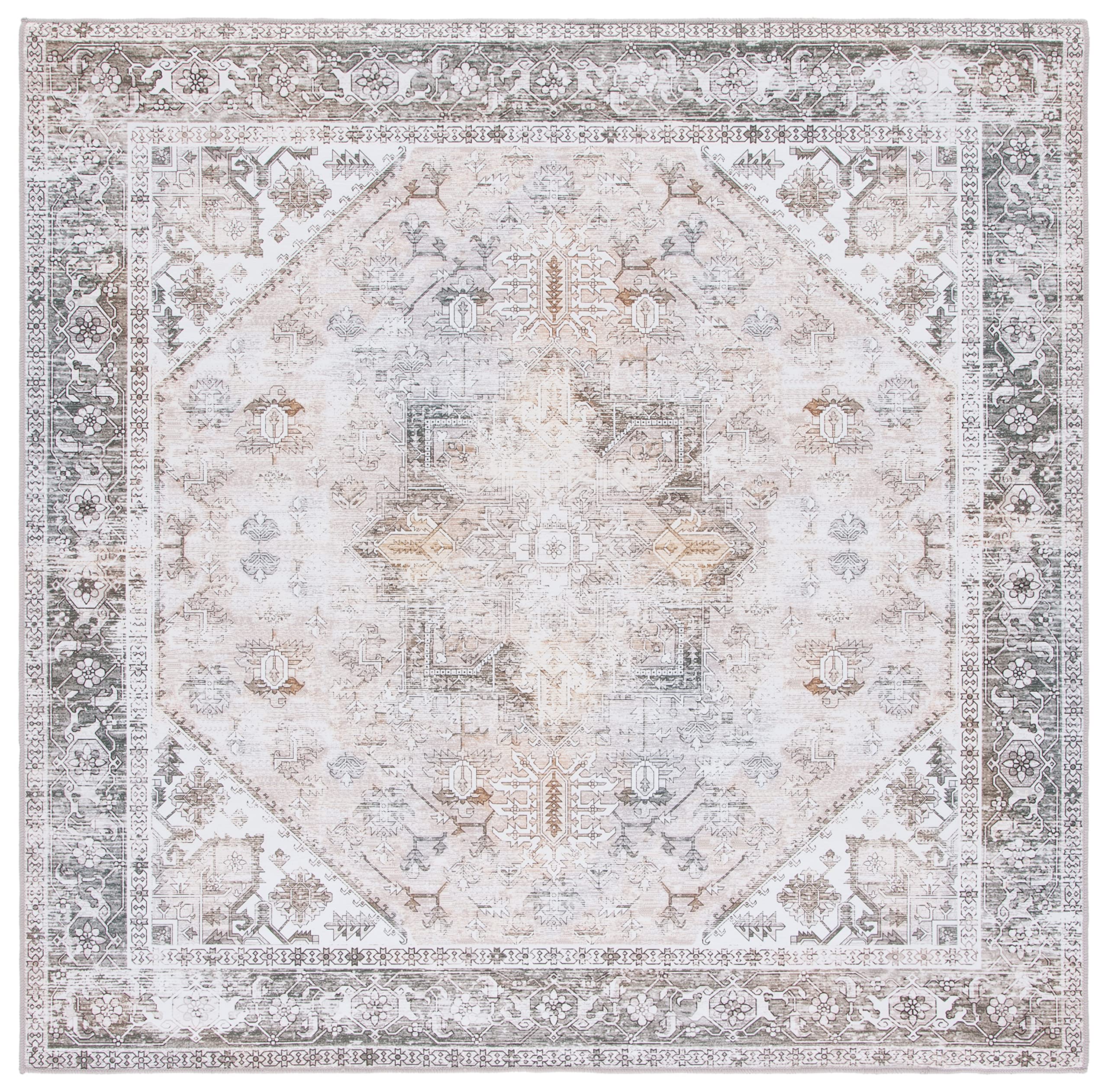SAFAVIEH Tucson Collection Area Rug - 4 Square, Beige & Grey, Persian Medallion Design, Non-Shedding Machine Washable & Slip Re