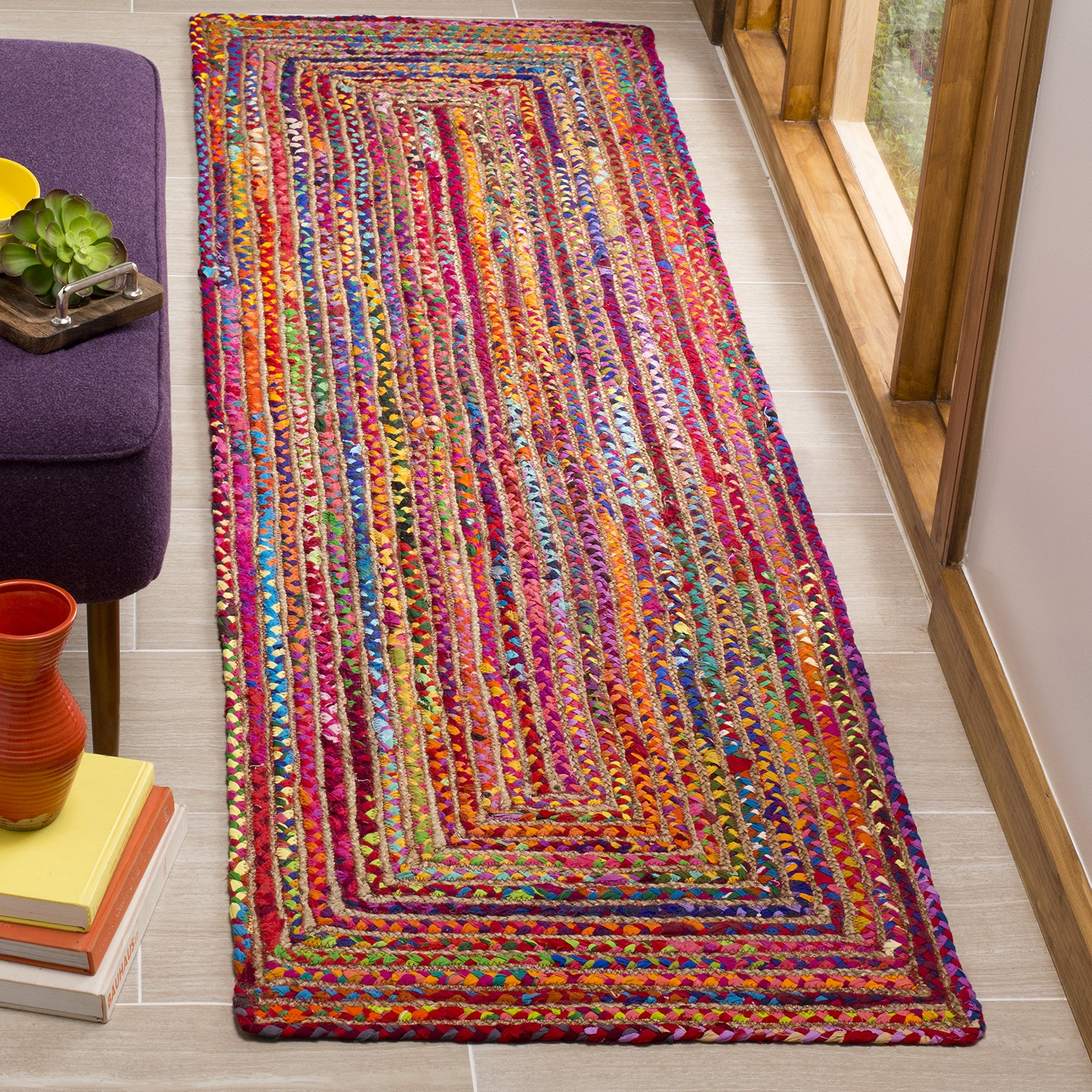 SAFAVIEH Cape Cod Collection Runner Rug - 23 x 18, Red & Multi, Handmade Boho Braided Jute & Cotton, Ideal for High Traffic Ar