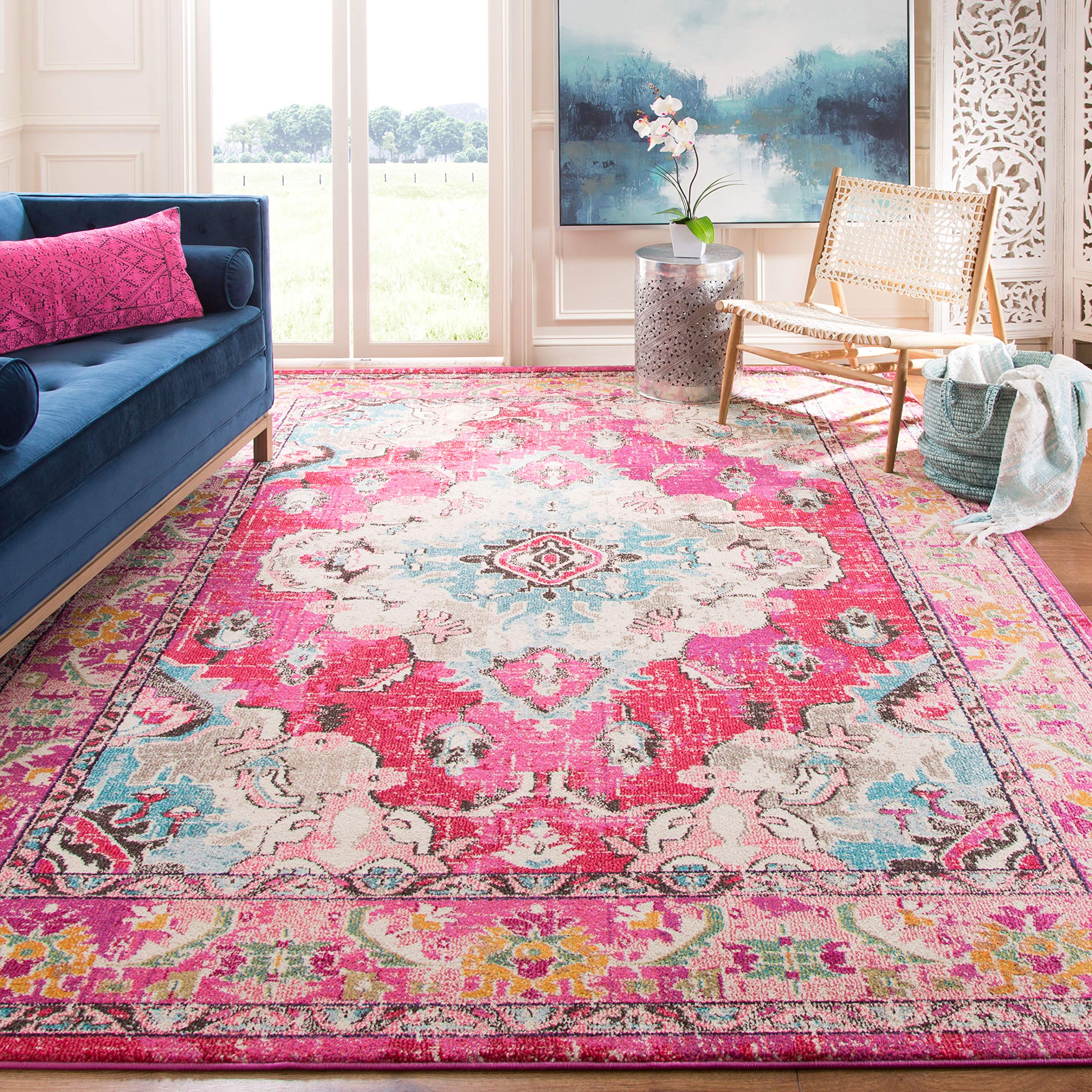 SAFAVIEH Monaco Collection Area Rug - 67 Square, Pink & Multi, Boho Chic Medallion Distressed Design, Non-Shedding & Easy Care,