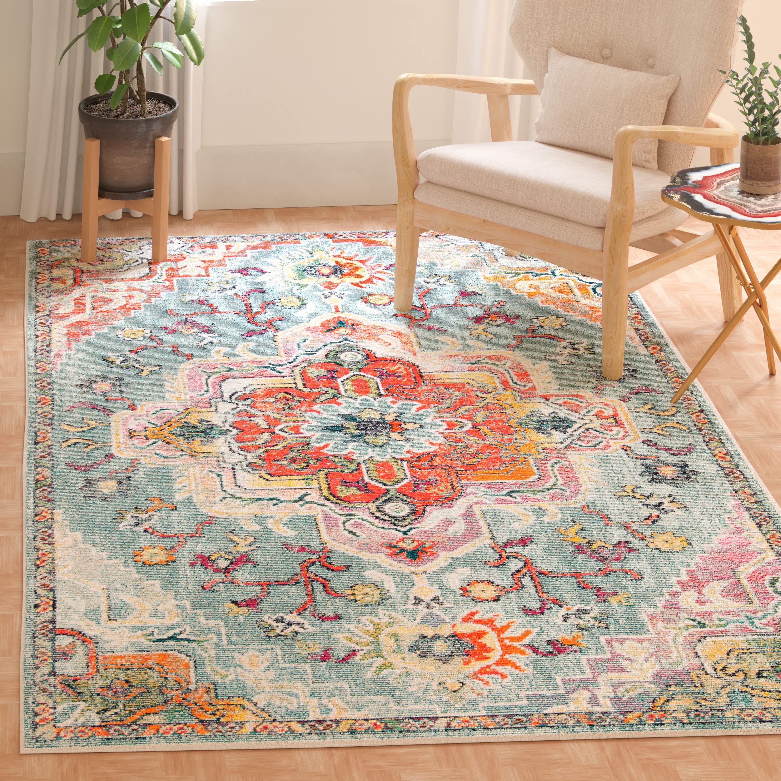 SAFAVIEH Crystal Collection Area Rug - 5 x 8, Teal & Orange, Medallion Distressed Design, Non-Shedding & Easy Care, Ideal for 