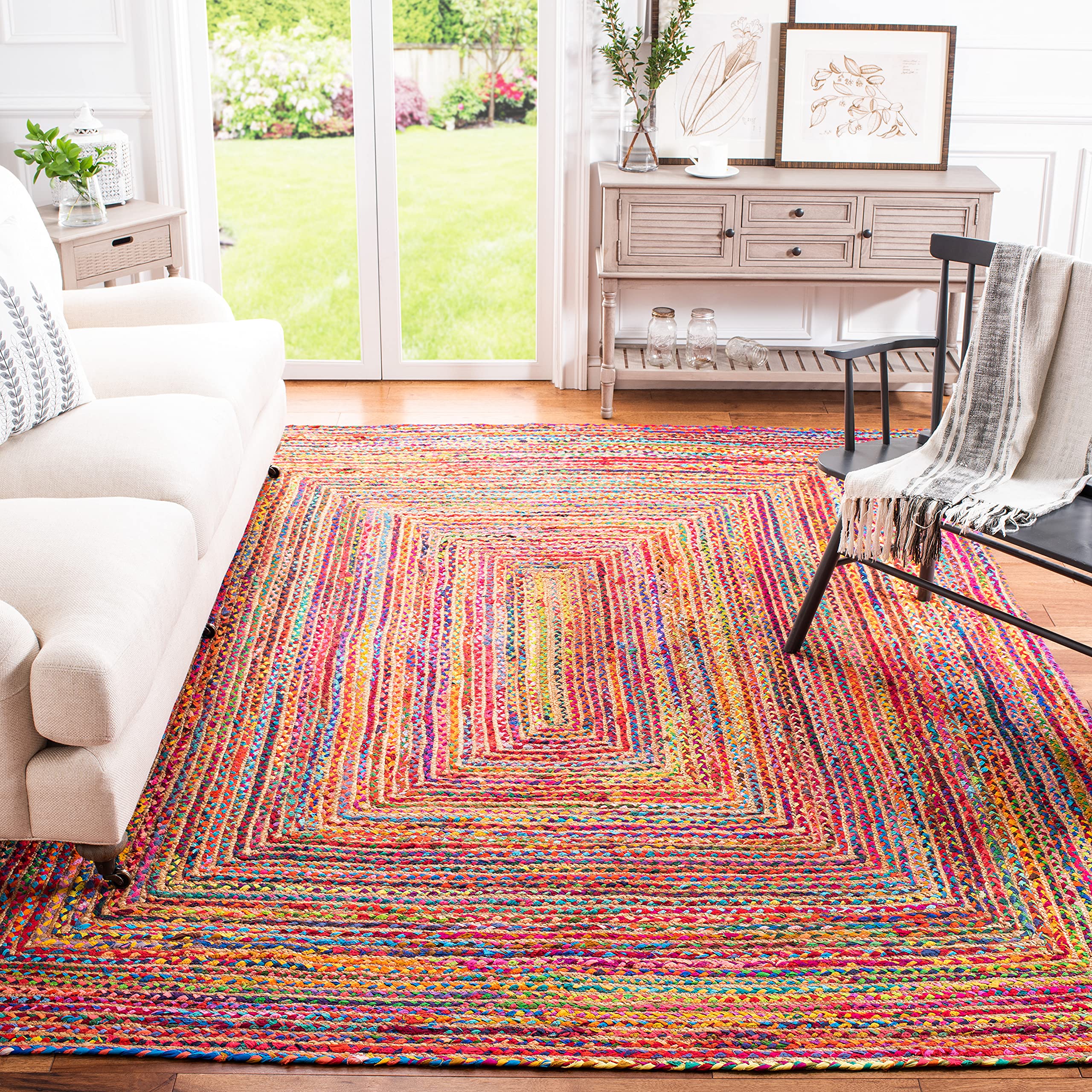 SAFAVIEH Cape Cod Collection Area Rug - 8 x 10, Red & Multi, Handmade Boho Braided Jute & Cotton, Ideal for High Traffic Areas
