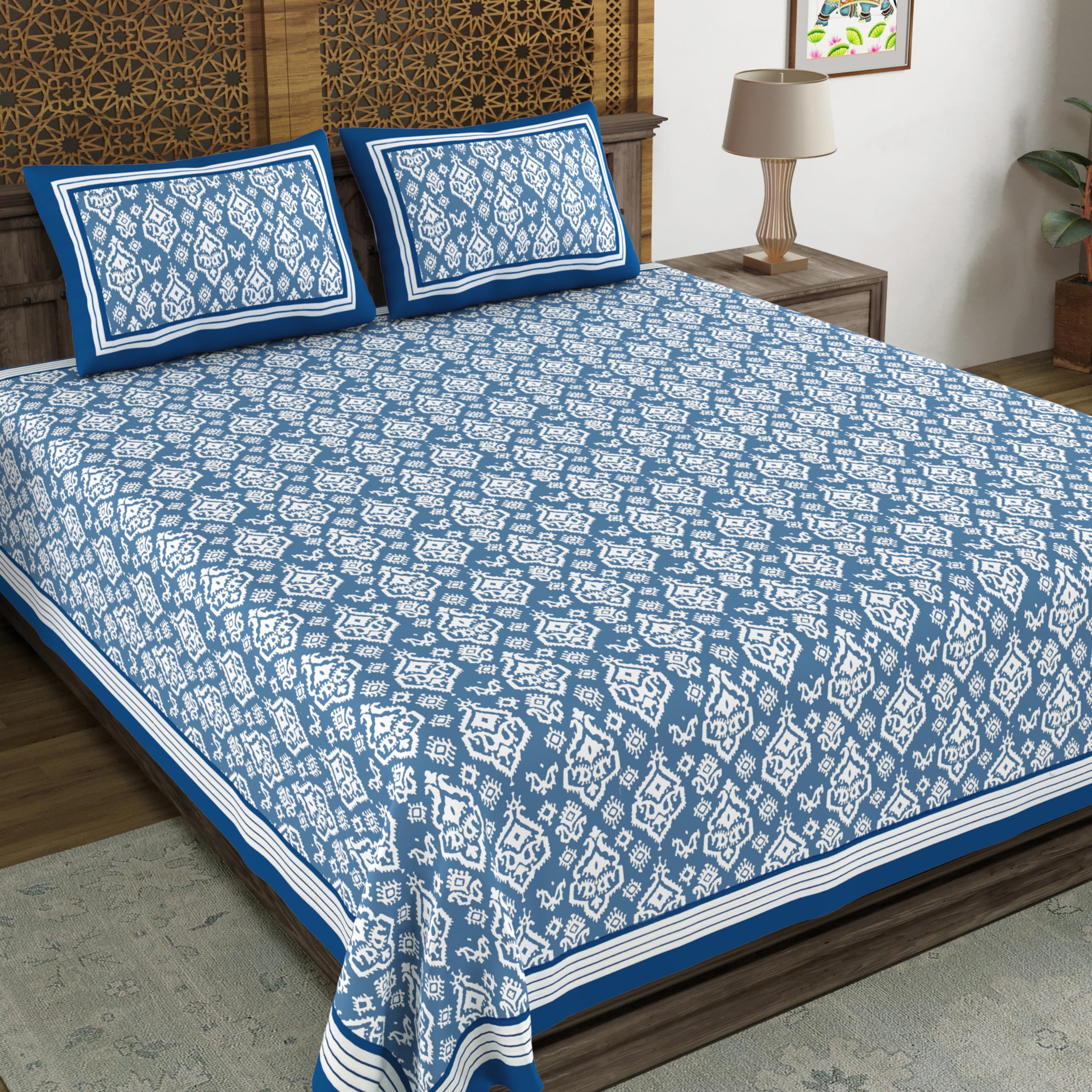 Blocks Of India Hand Block Printed 300 Tc Cotton Super King Size Bedsheet(106 X 106) (Multi 17)