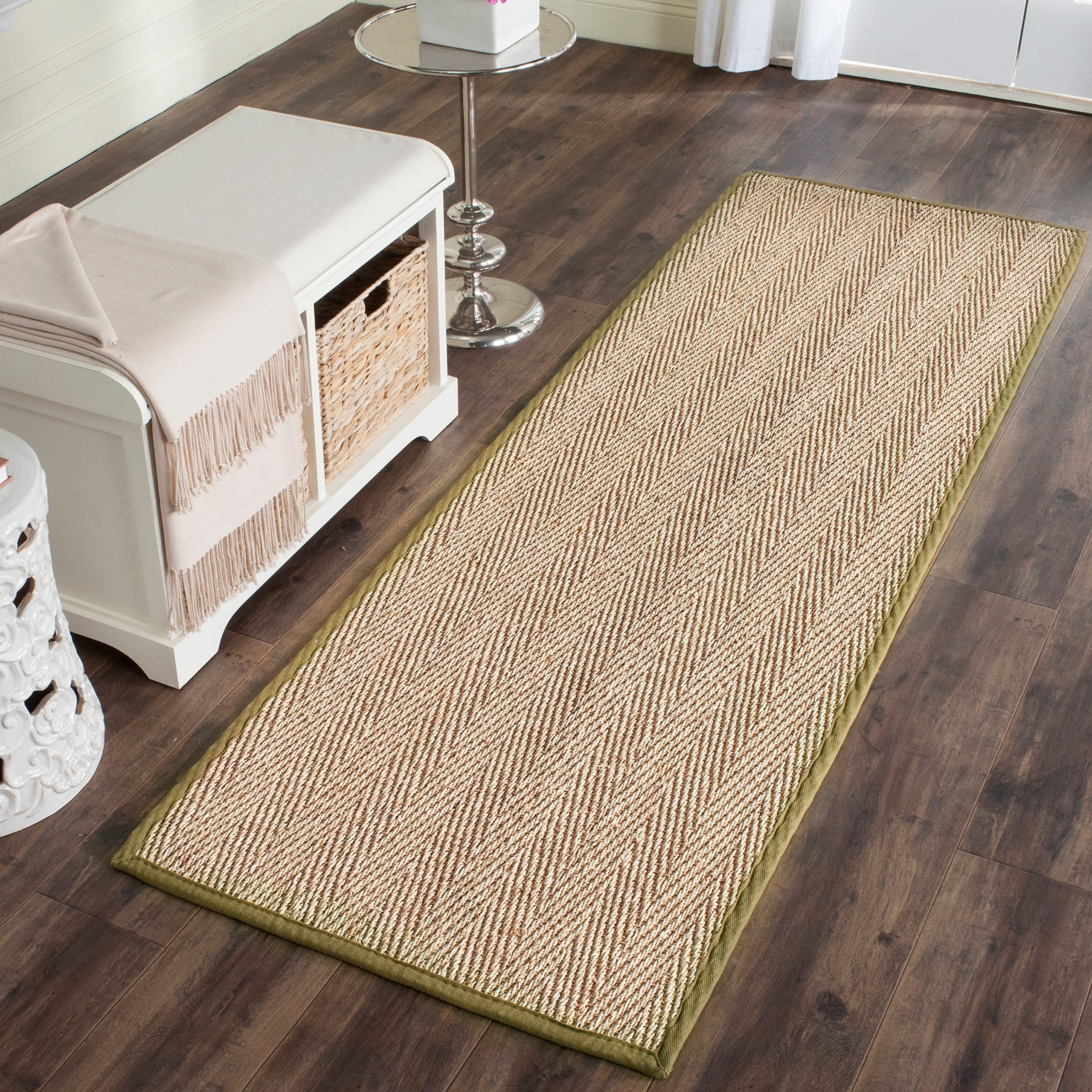 Safavieh Natural Fiber Collection Runner Rug - 26 x 16, Natural & Olive, Border Herringbone Seagrass Design, Easy Care, Ideal 