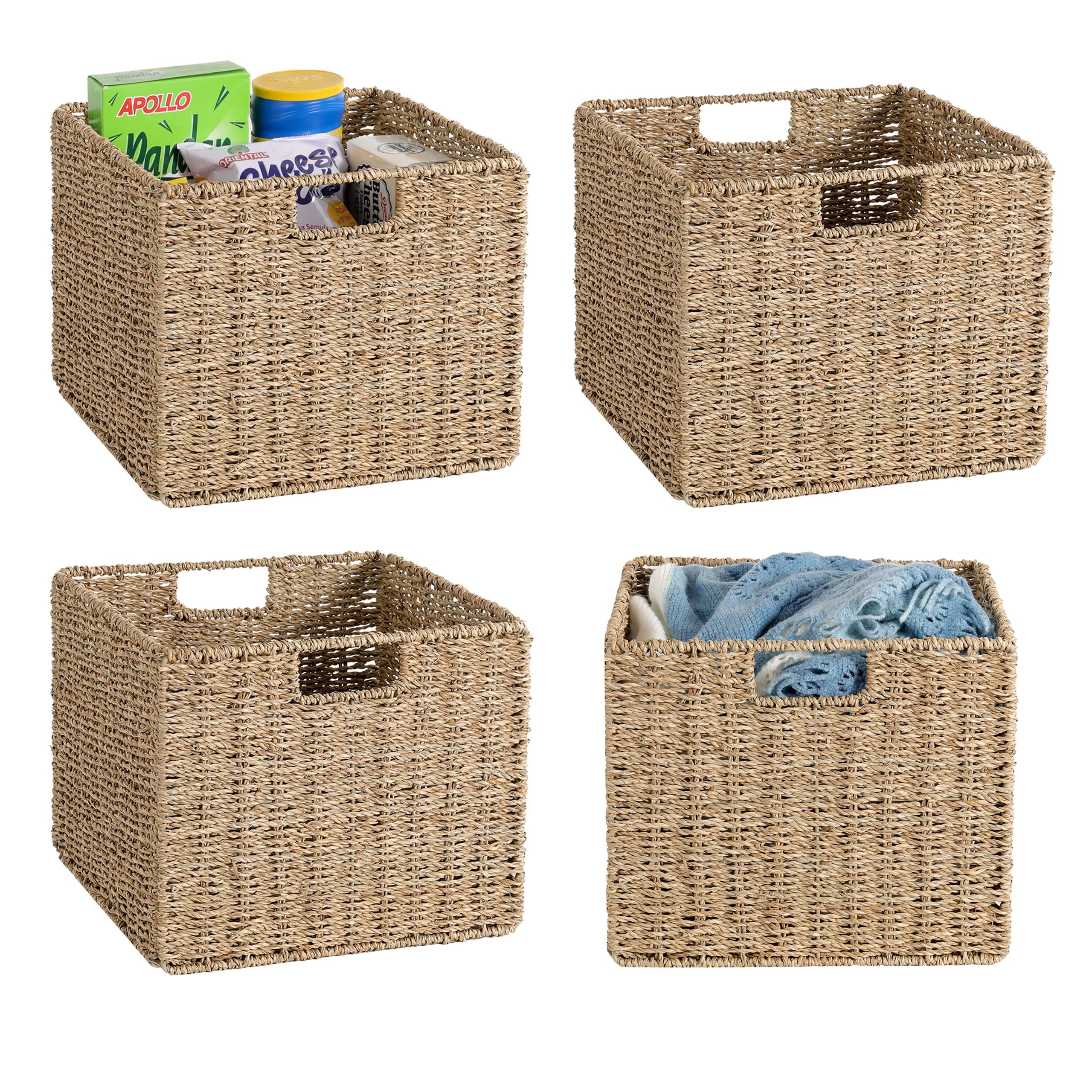 12X12X10In Seagrass Storage Baskets Set Of 4, Large Wicker Storage Basket, Decorative Seagrass Shelf Basket, Pantry Baskets Orga