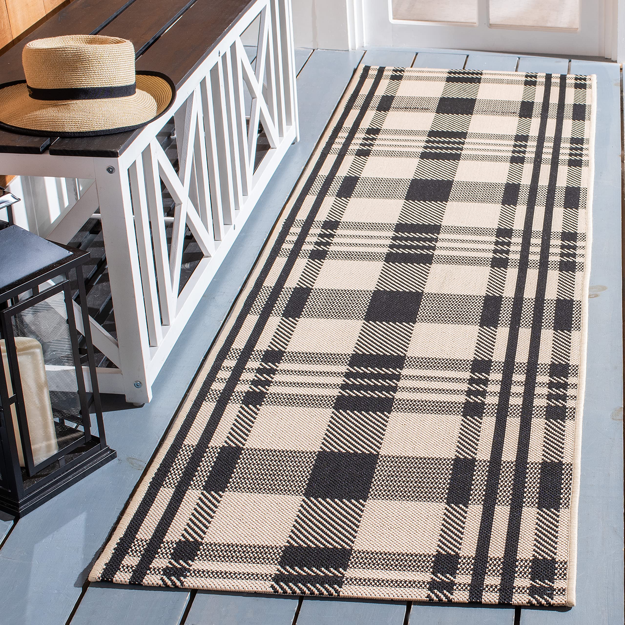 SAFAVIEH Courtyard Collection 23 x 10 Black/Bone CY6201 Plaid Indoor/ Outdoor Patio Backyard Mudroom Runner Rug