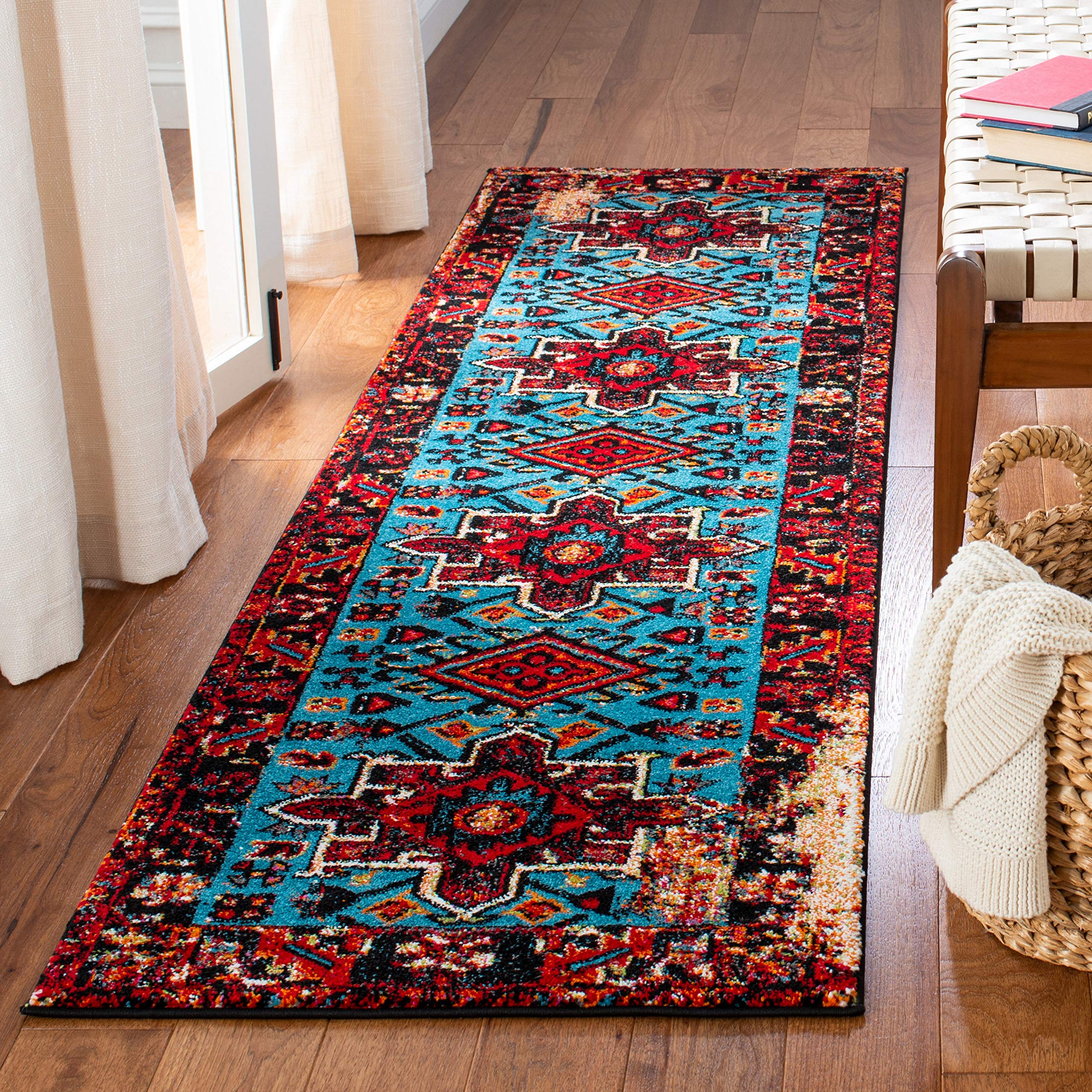 SAFAVIEH Vintage Hamadan Collection Runner Rug - 23 x 10, Red & Light Blue, Oriental Persian Design, Non-Shedding & Easy Care,