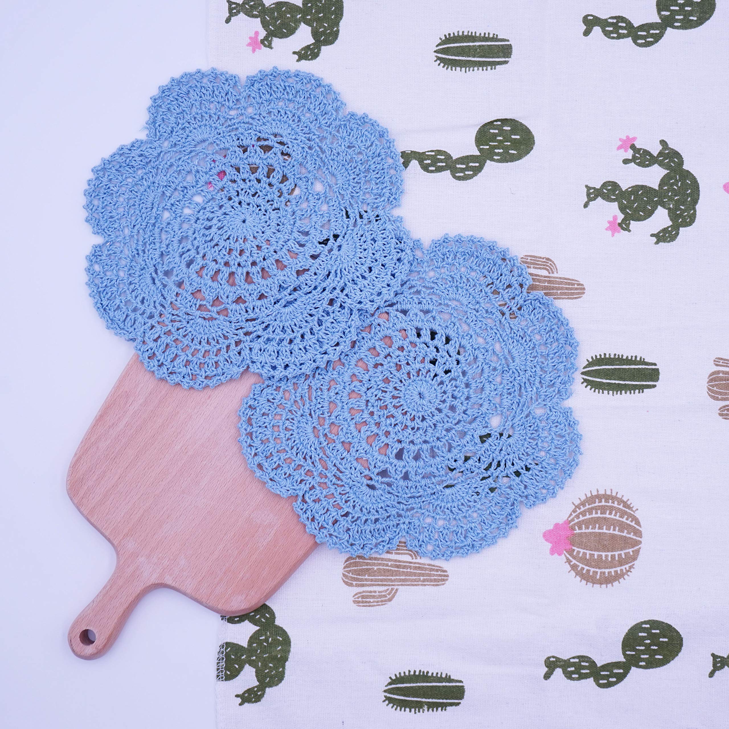 Phantomon 8 Inch Doilies Crochet Round Lace Doily Handmade Placemats 100% Cotton Crocheted Coasters, Pack Of 4 (Blue)