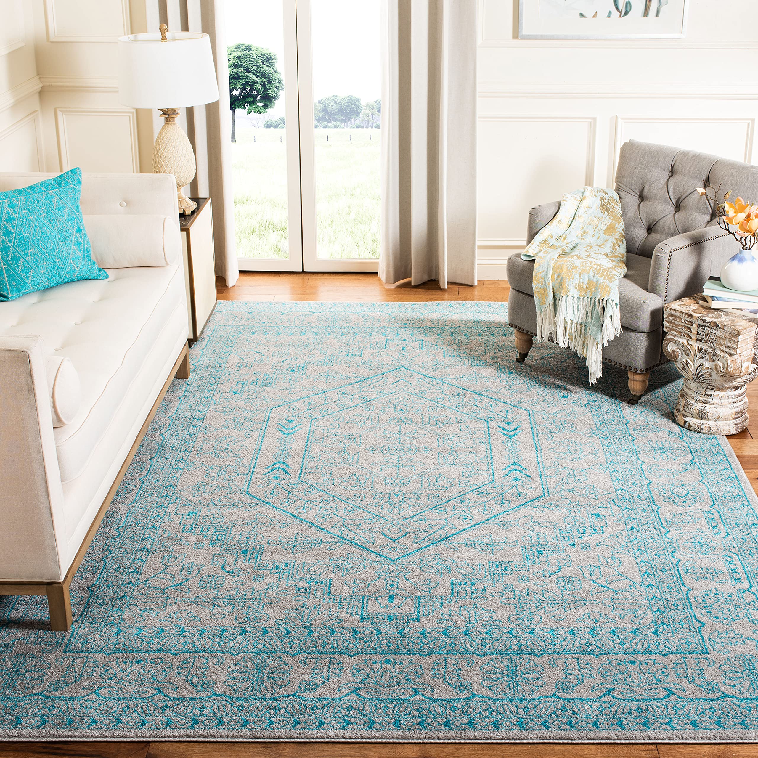 SAFAVIEH Adirondack Collection 6 Square Light Grey / Teal ADR108L Oriental Medallion Non-Shedding Living Room Bedroom Dining Ho