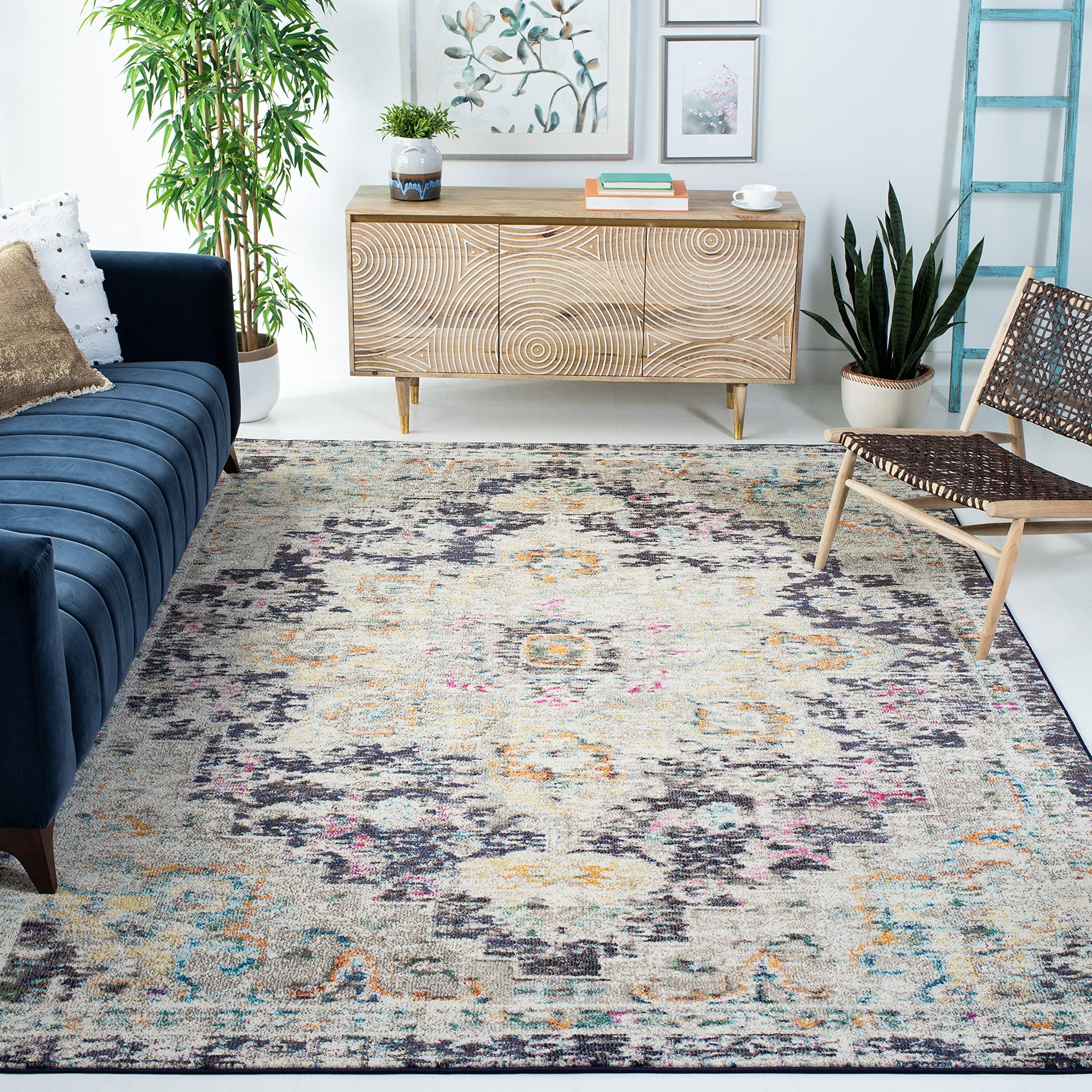 SAFAVIEH Madison Collection Area Rug - 67 Square, Black & Gold, Boho Chic Medallion Distressed Design, Non-Shedding & Easy Care