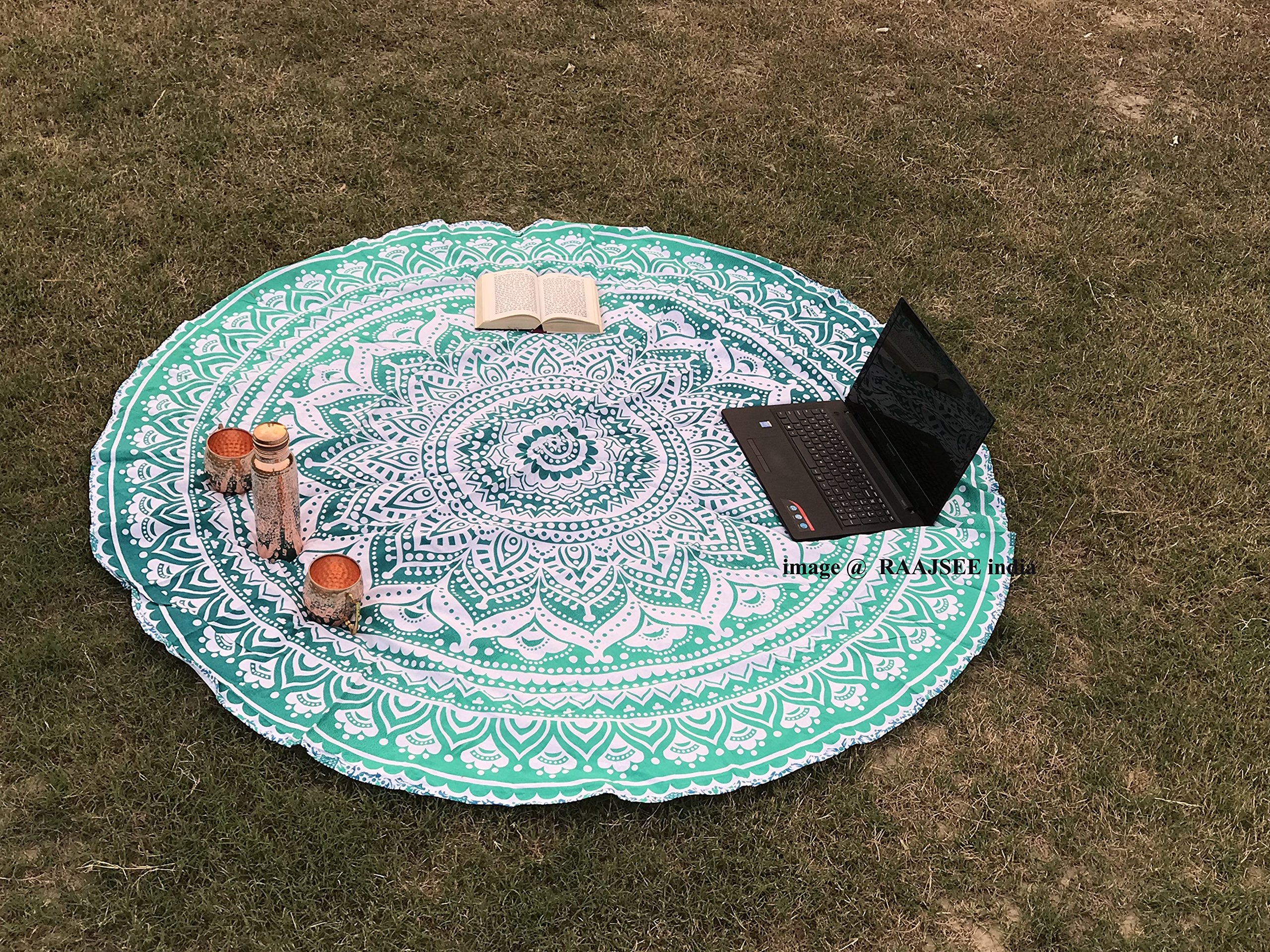 Raajsee Green Ombre Round Beach Tapestry Hippie/Boho Beach Blanket Roundie/Indian Cotton Throw Bohemian Round Table Cloth/Yoga M