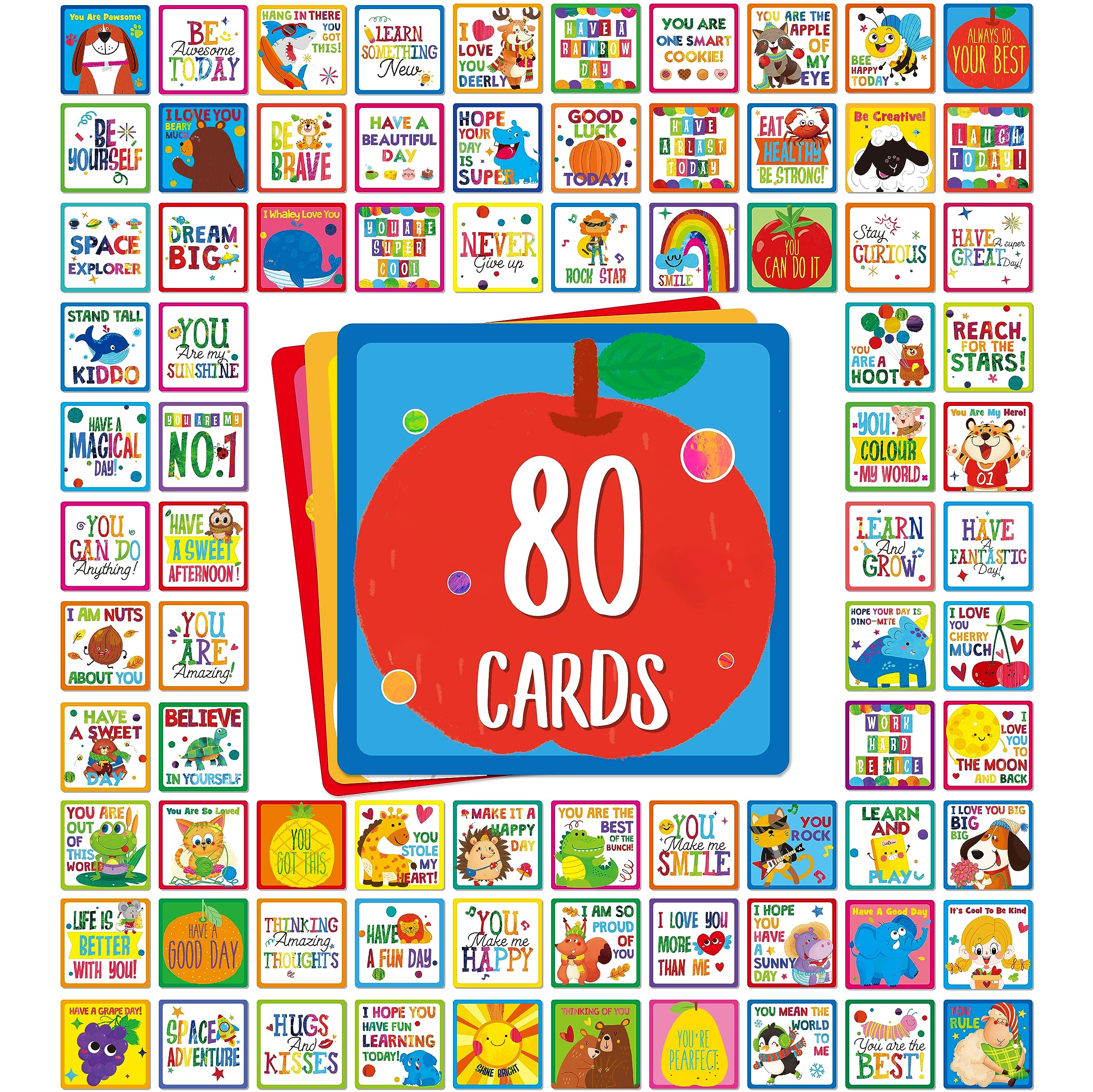 Gethelud 80 Pcs Lunch Box Notes For Kids, Inspirational Words With Adorable Designs Positive Affirmation Cards For Boys And Girl