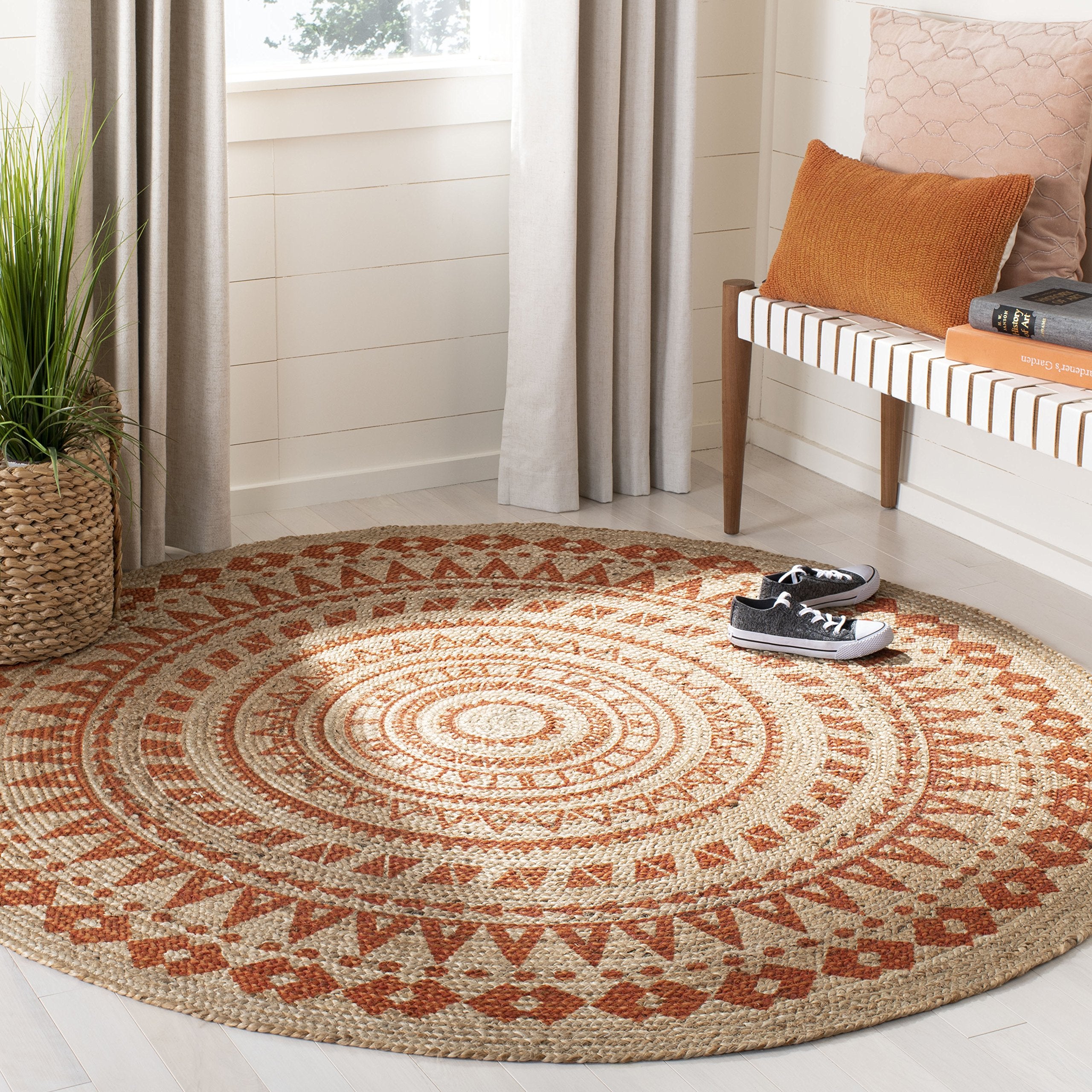 SAFAVIEH Natural Fiber Round Collection 6 Round Orange NF802B Handmade Boho Mandala Braided Jute Area Rug
