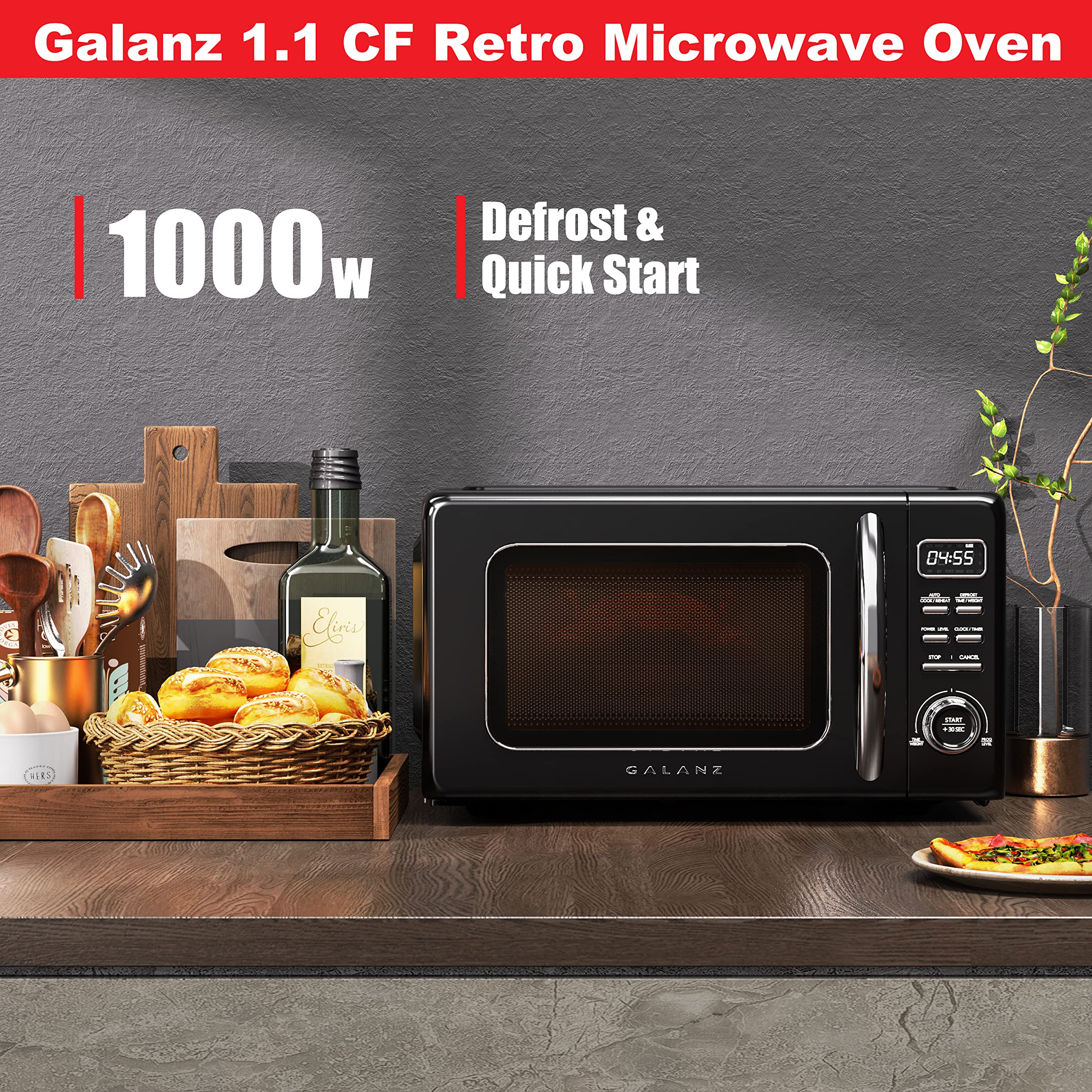 Galanz GLCMKZ11BKR10 Retro Countertop Microwave Oven with Auto Cook & Reheat, Defrost, Quick Start Functions, Easy Clean with Gl