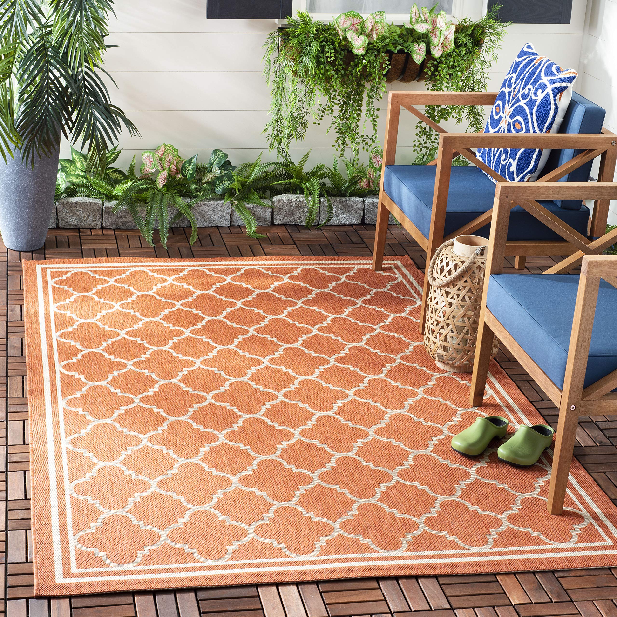 SAFAVIEH Courtyard Collection 4 Square Terracotta / Bone CY6918 Trellis Indoor/ Outdoor Waterproof Easy--Cleaning Patio Backyar