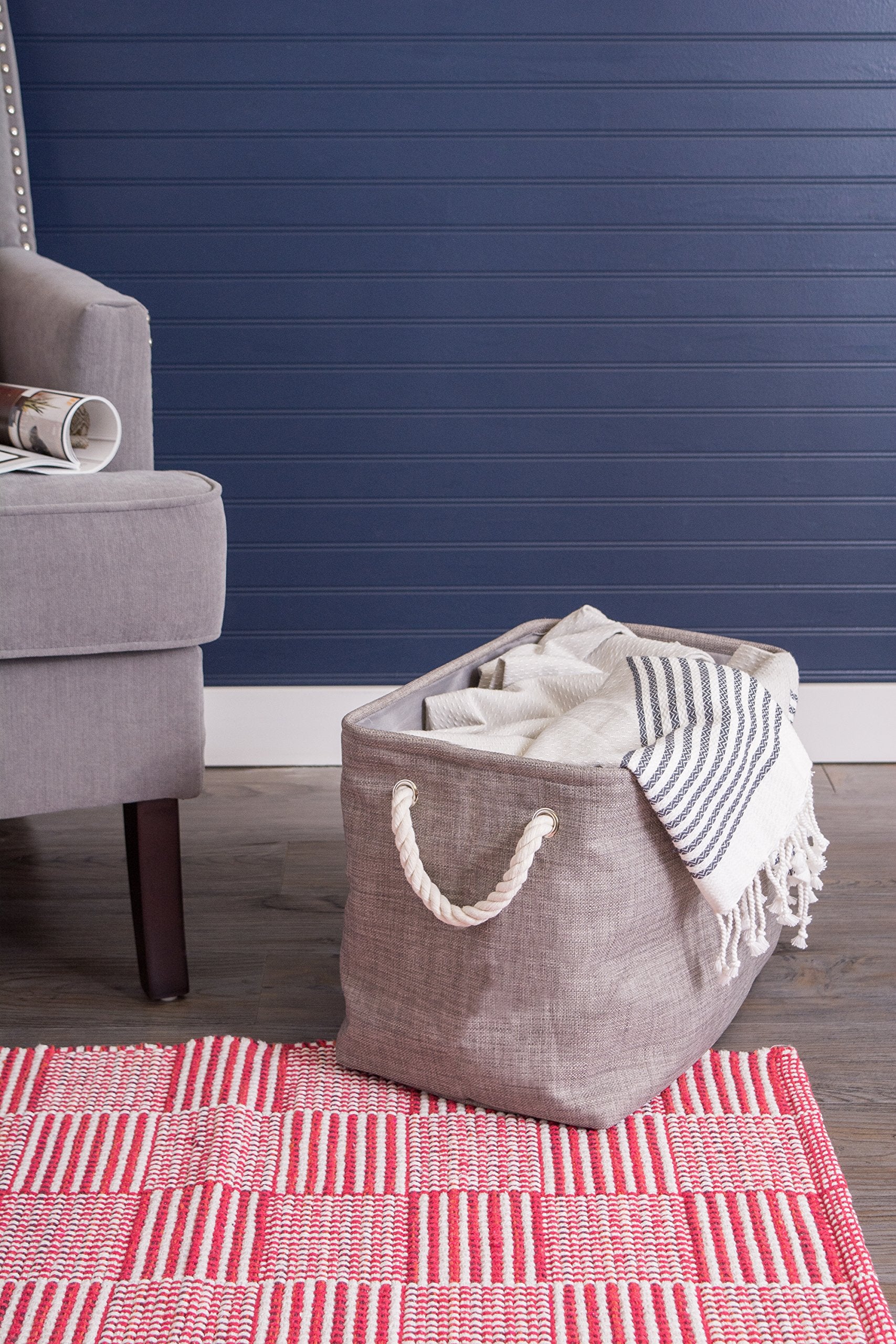 DII  Collapsible Variegated Polyester Storage Bin with Cotton Handles Large Gray