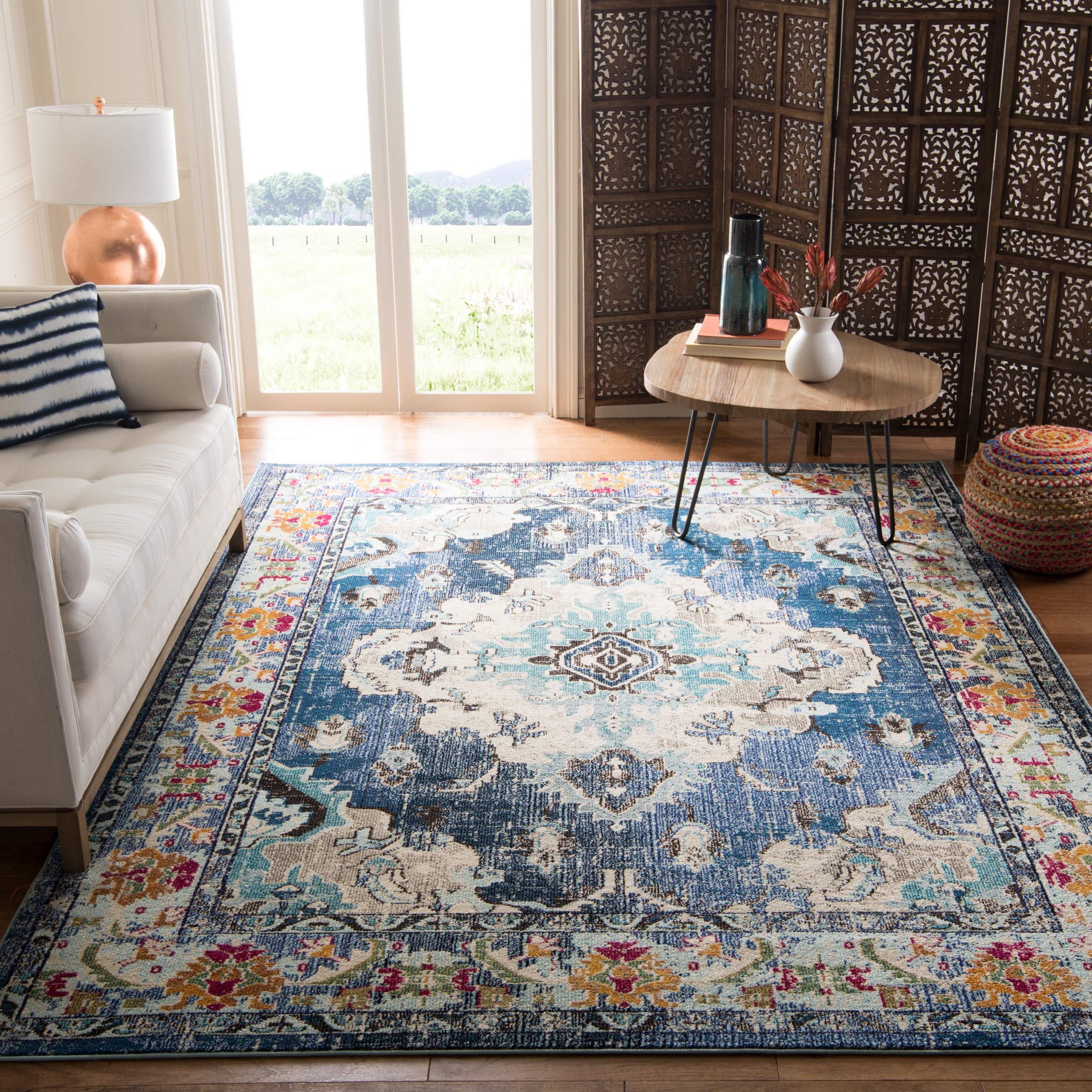 SAFAVIEH Monaco Collection Area Rug - 67 x 92, Navy & Light Blue, Boho Chic Medallion Distressed Design, Non-Shedding & Easy C
